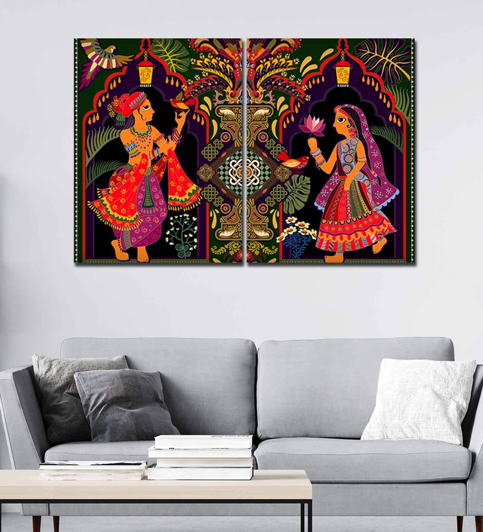 Buy Madhubani Red Canvas Framed People & Places Art Panel Set of 2 at ...