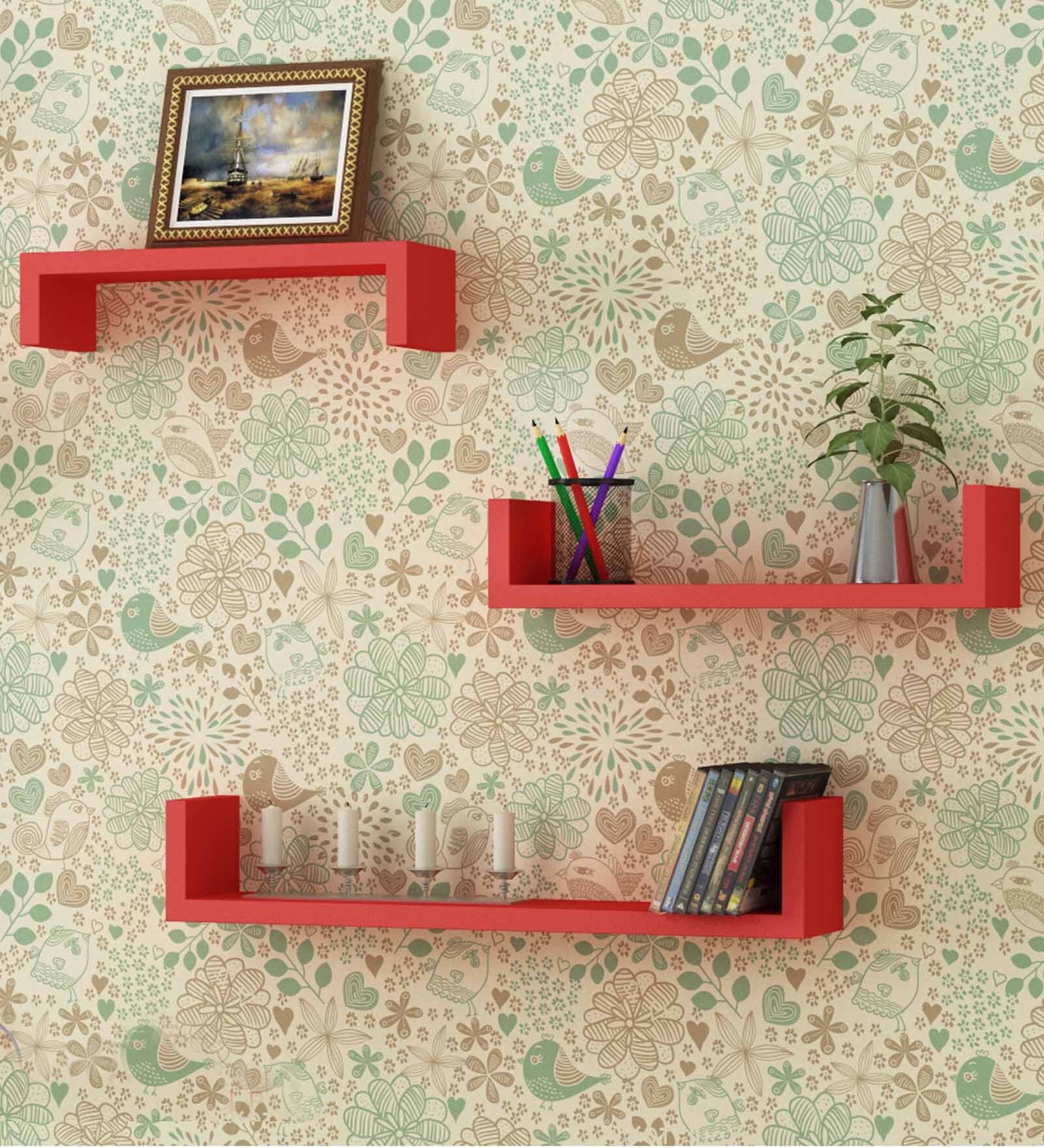 Buy Engineered Wood Floating Wall Shelves in Red Colour by Home Sparkle