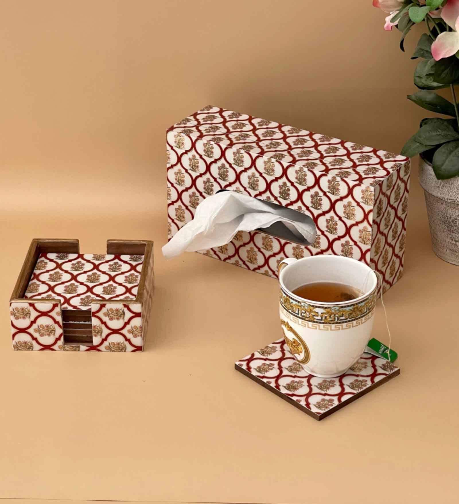 Red & Gold Combo Tissue Box Holder with  Set of 6 Coaster Set