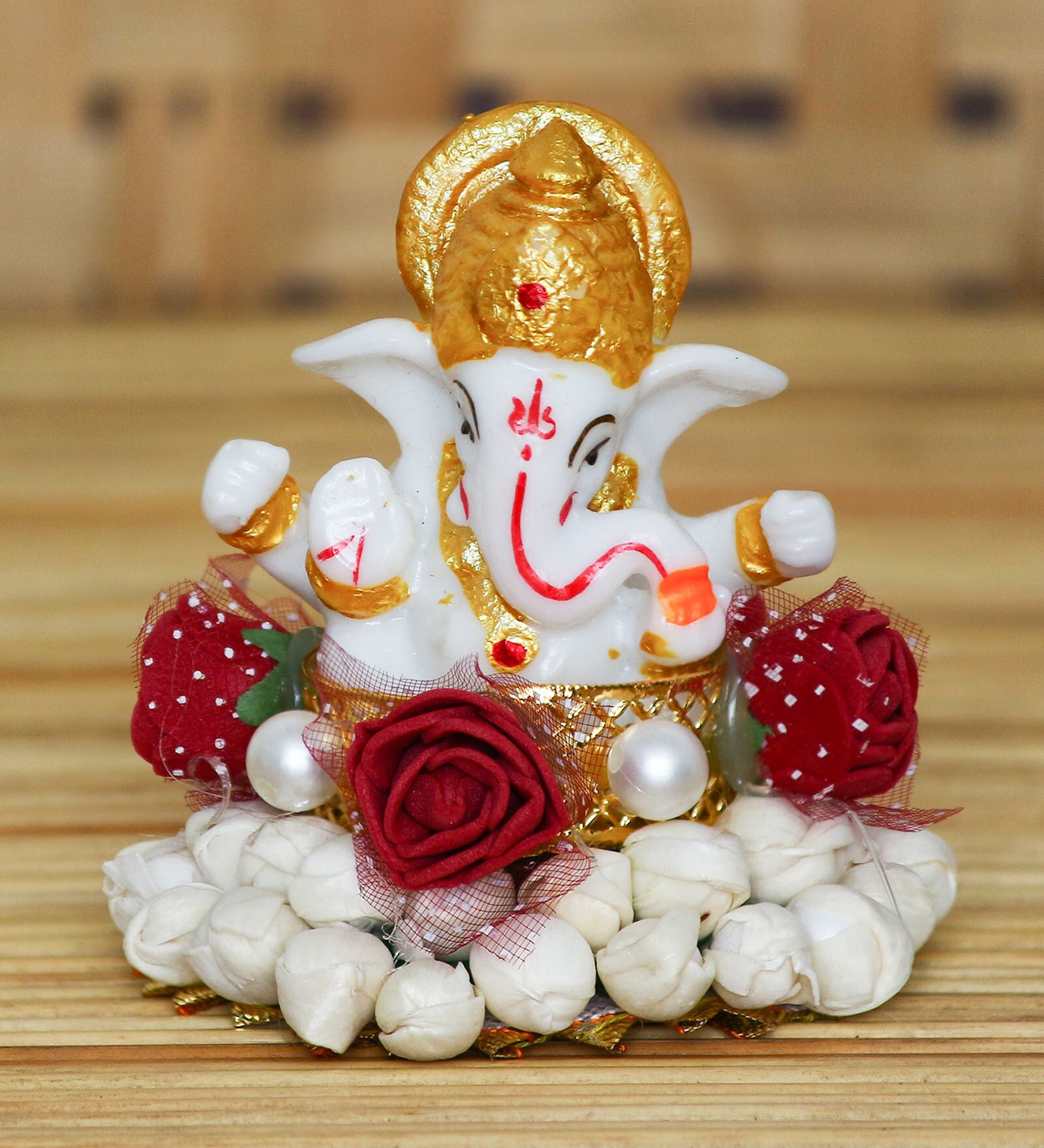 Red Metal Lord Ganesha Idol on Decorative Handcrafted Plate