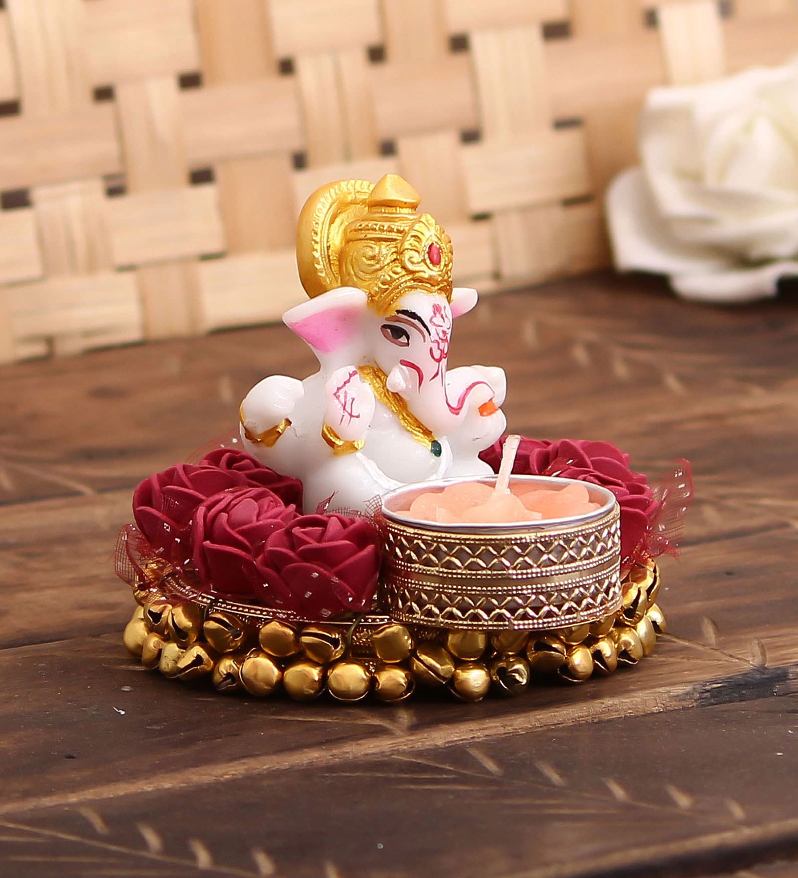 Red Metal Lord Ganesha Idol on Decorative Plate with Tea Light Holder