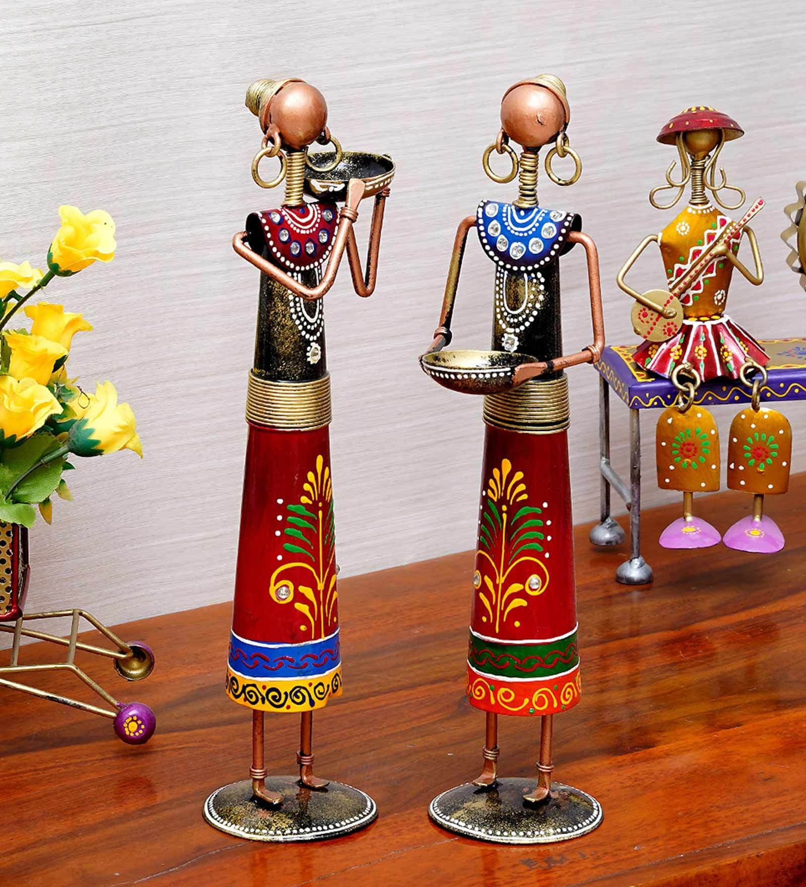 Red Metal Rural Lady Set Of 2 Figurine