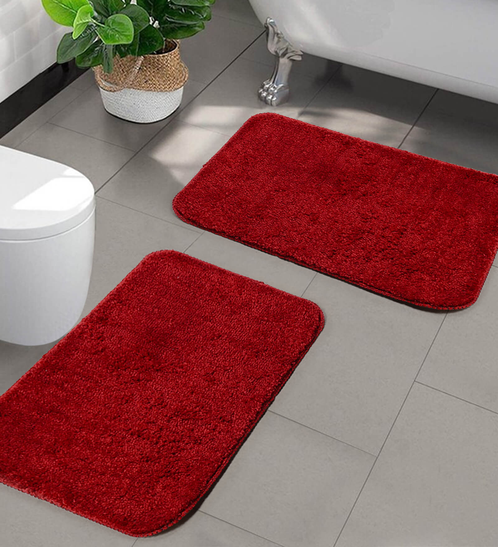 Red Microfibre Plain Solid 24X16 Inches Antiskid Bath Mat (Set of 2)