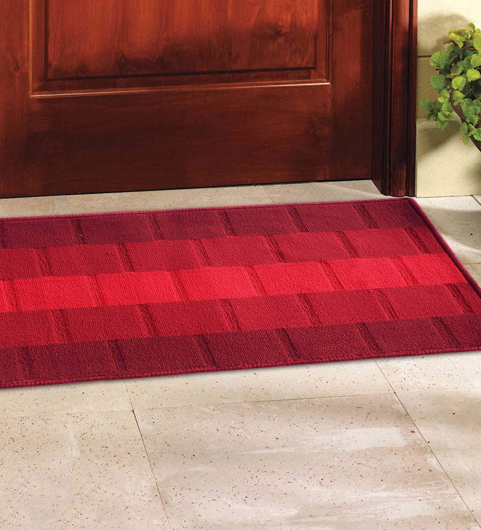 Red Nylon Geometrical Machine Made Runner(55 x 22 inch) and Doormat(15x23 inch) combo