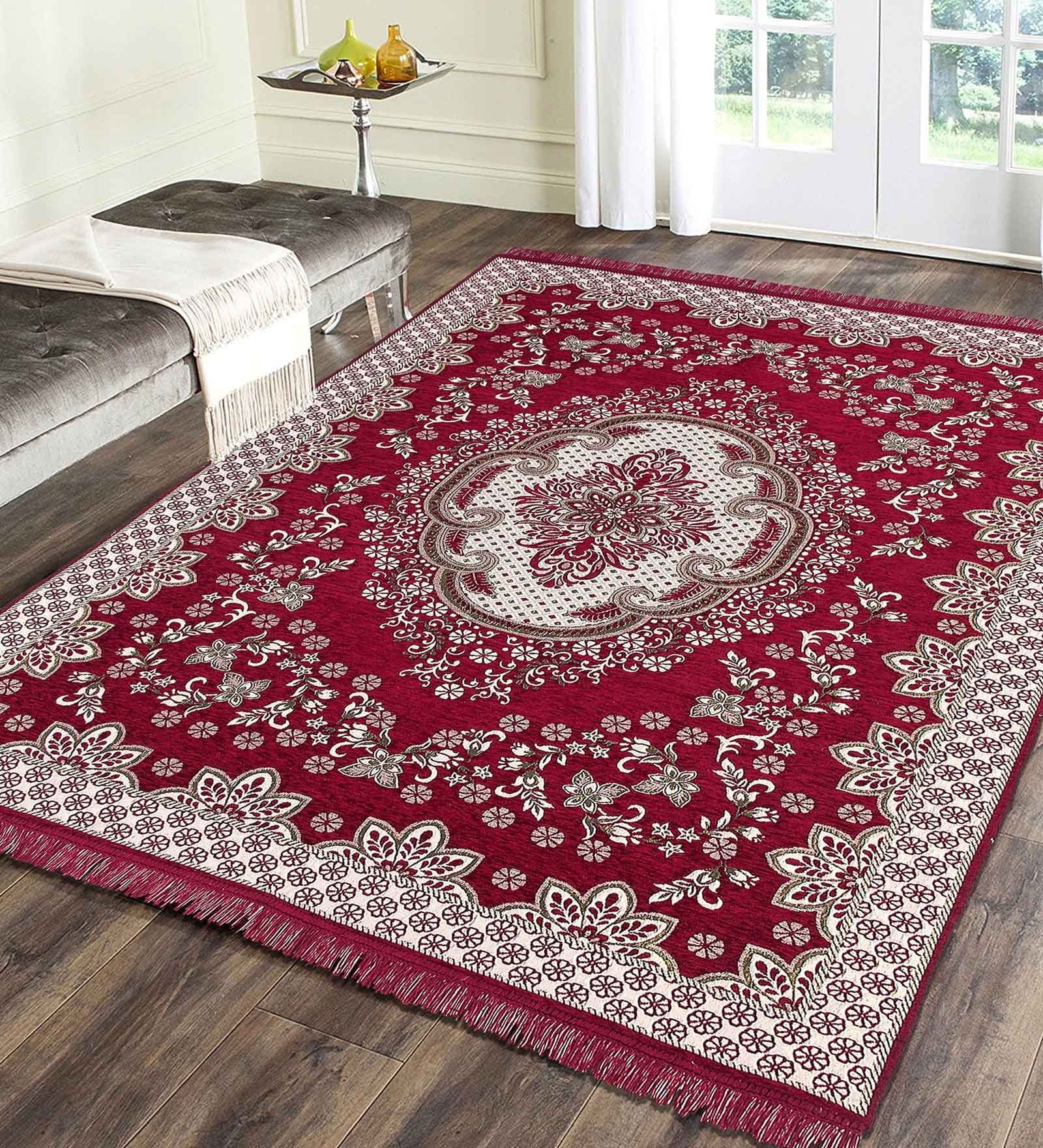 Red Chenille Vintage 4 x 6 Feet Machine Made Carpet