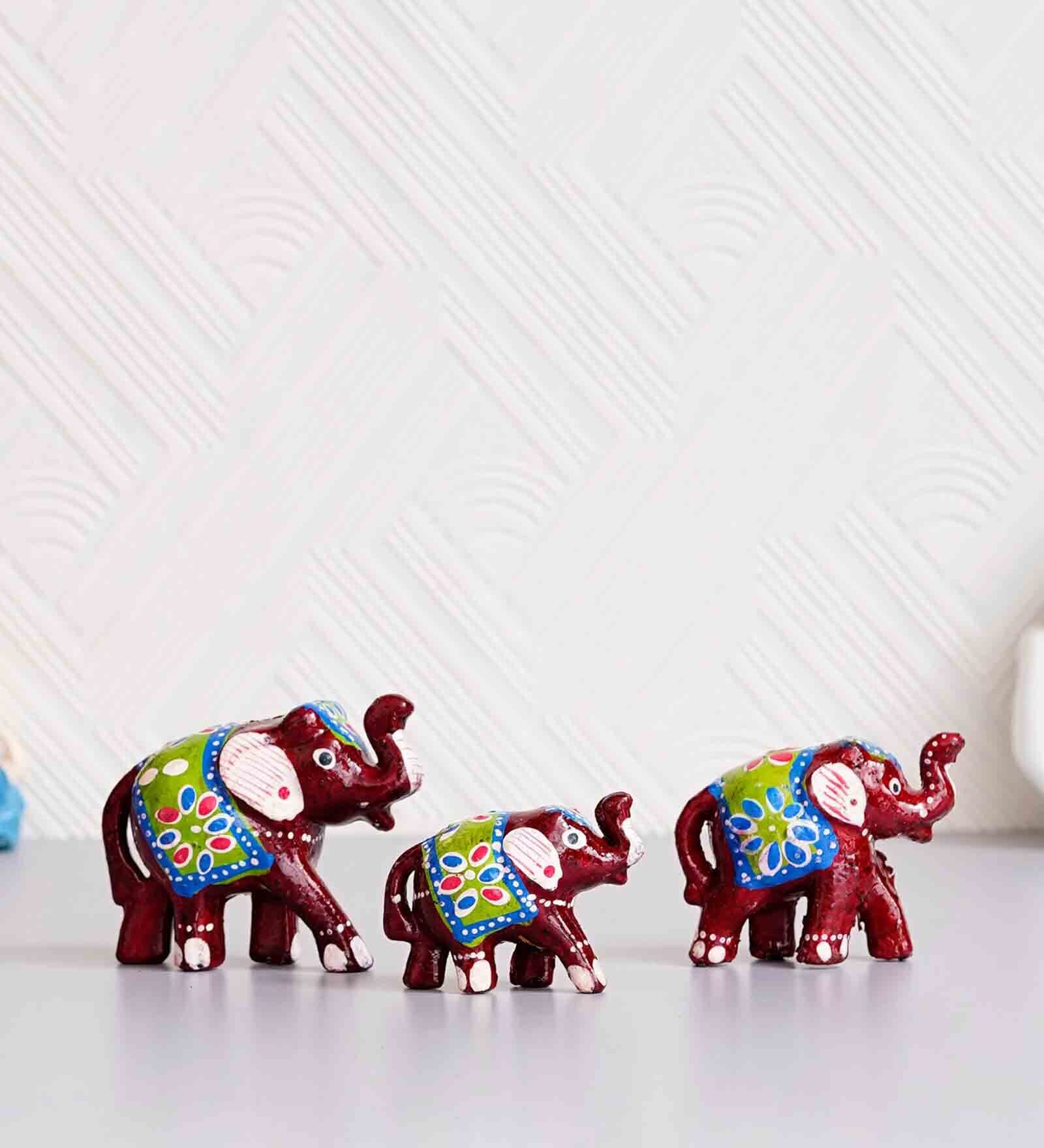 Red Paper Mache Elephants Set Of 3 Figurine