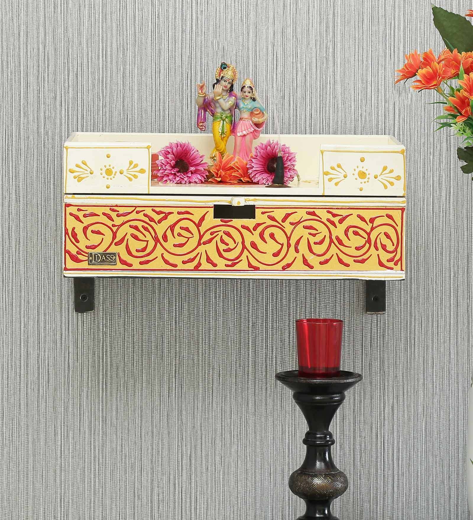 Red Pine Wood Pooja Mandir Without Door