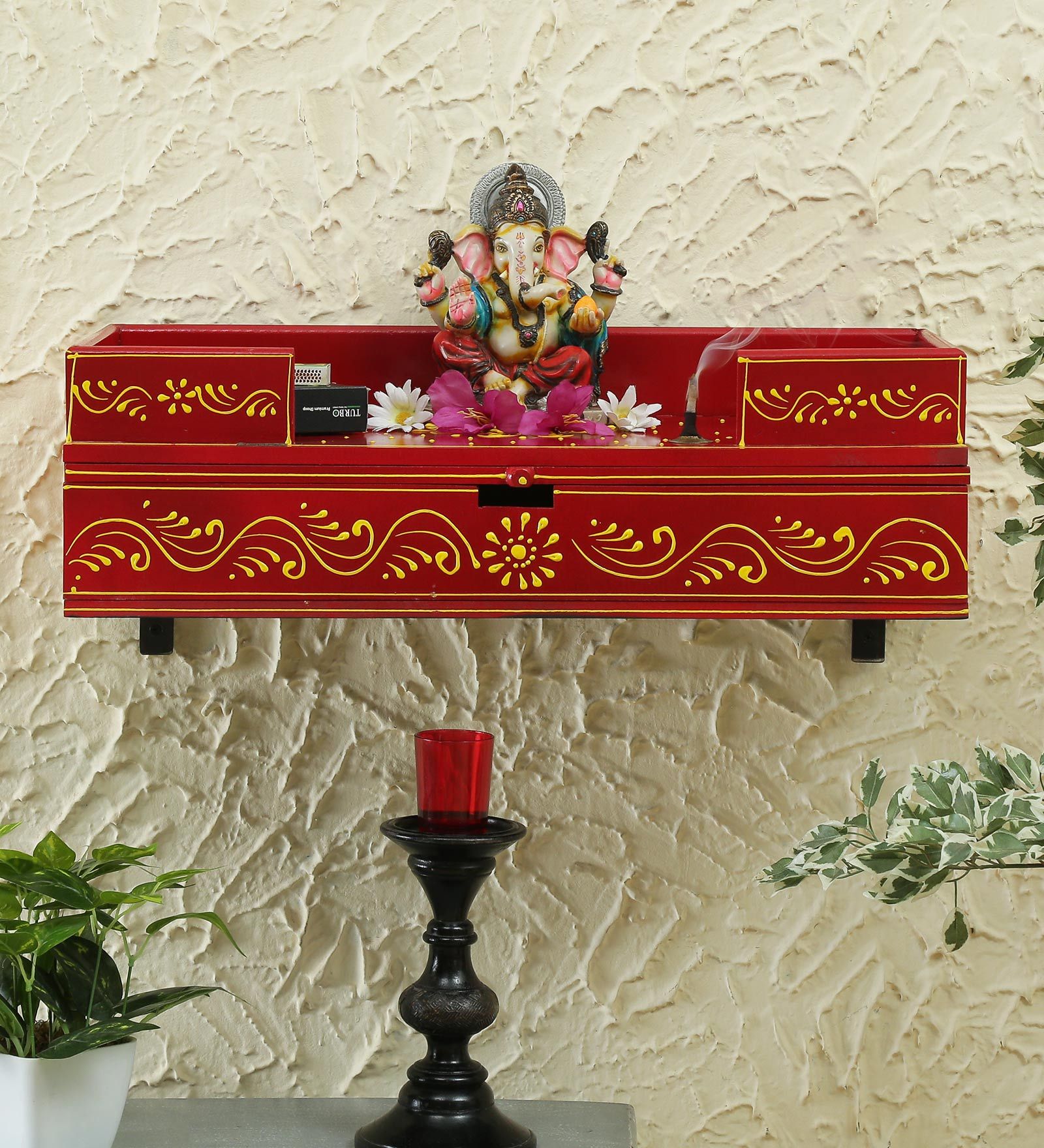 Red Pine Wood Pooja Mandir Without Door