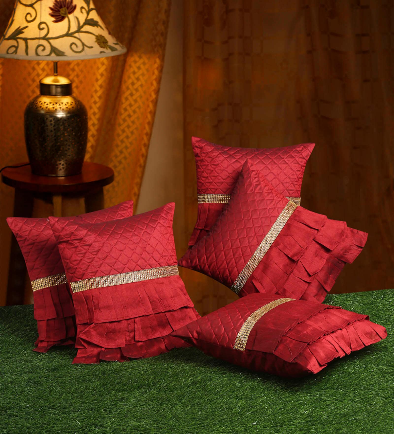 Red Textured Poly Satin 16 x 16 Inches Cushion Covers (Set of 5)