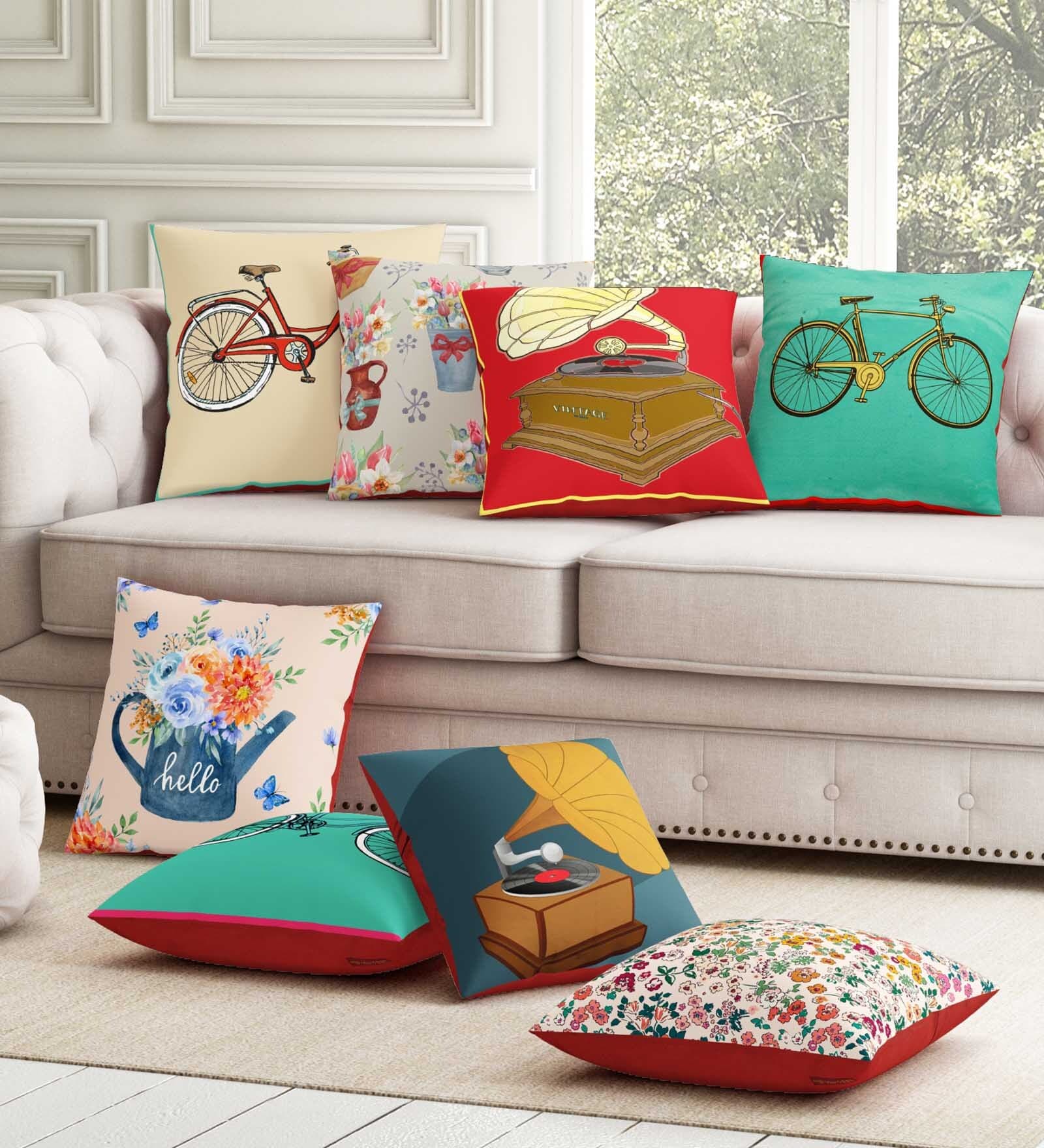 Red Floral Poly Cotton 12 x 12 Inches Cushion Covers (Set of 8)