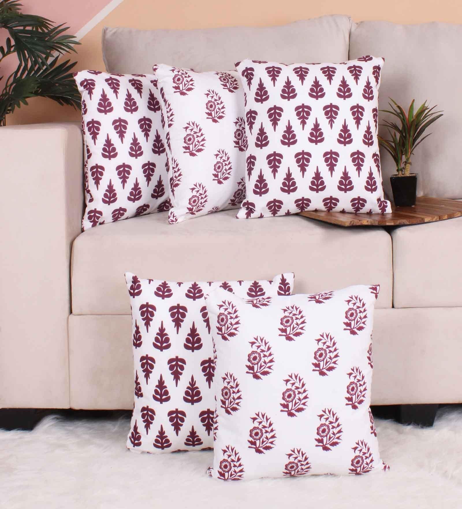 Red Polycotton Floral 16x16 inches Cushion Covers (Pack of 5)