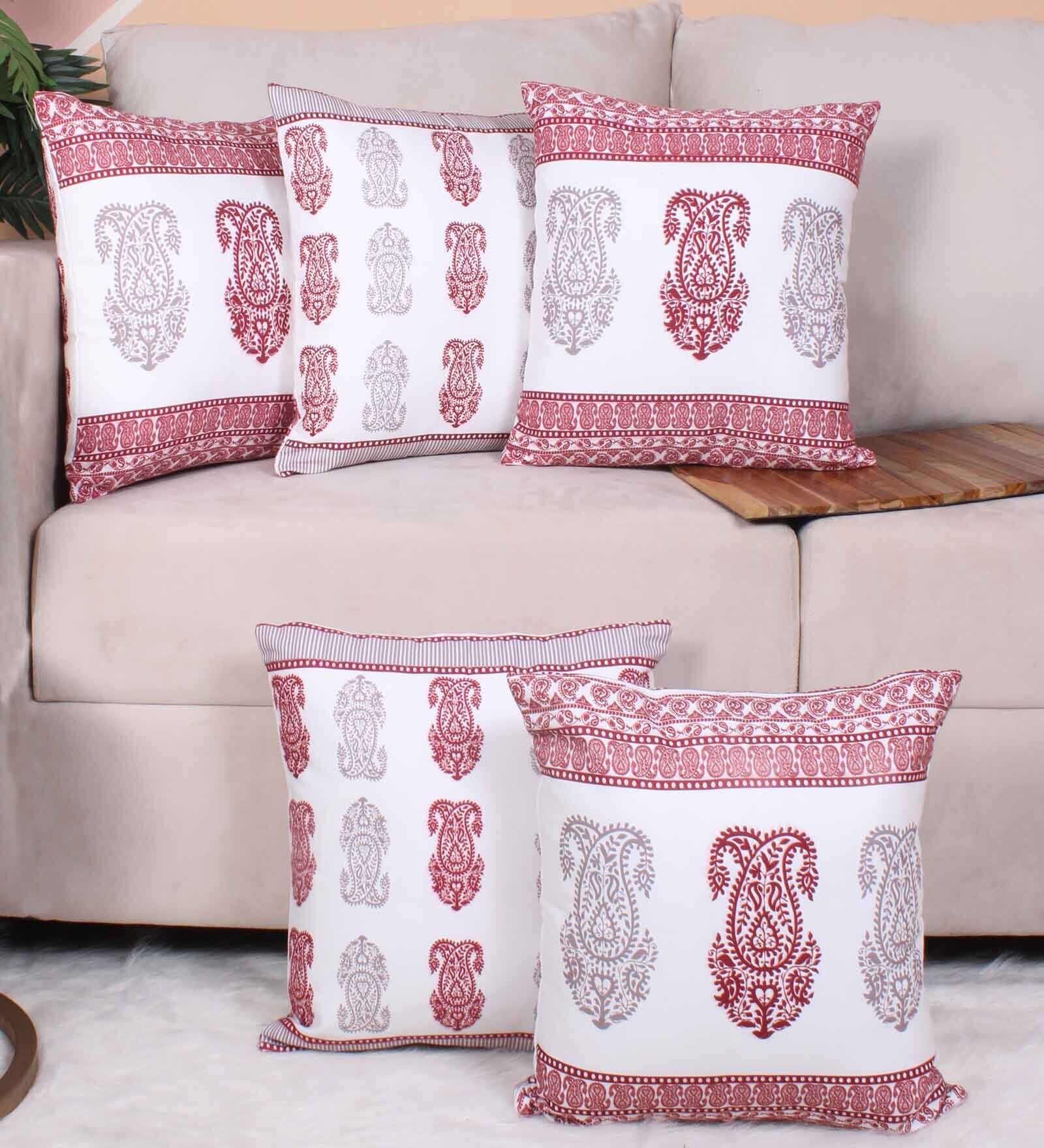 Red Polycotton Floral 16x16 inches Cushion Covers (Pack of 5)