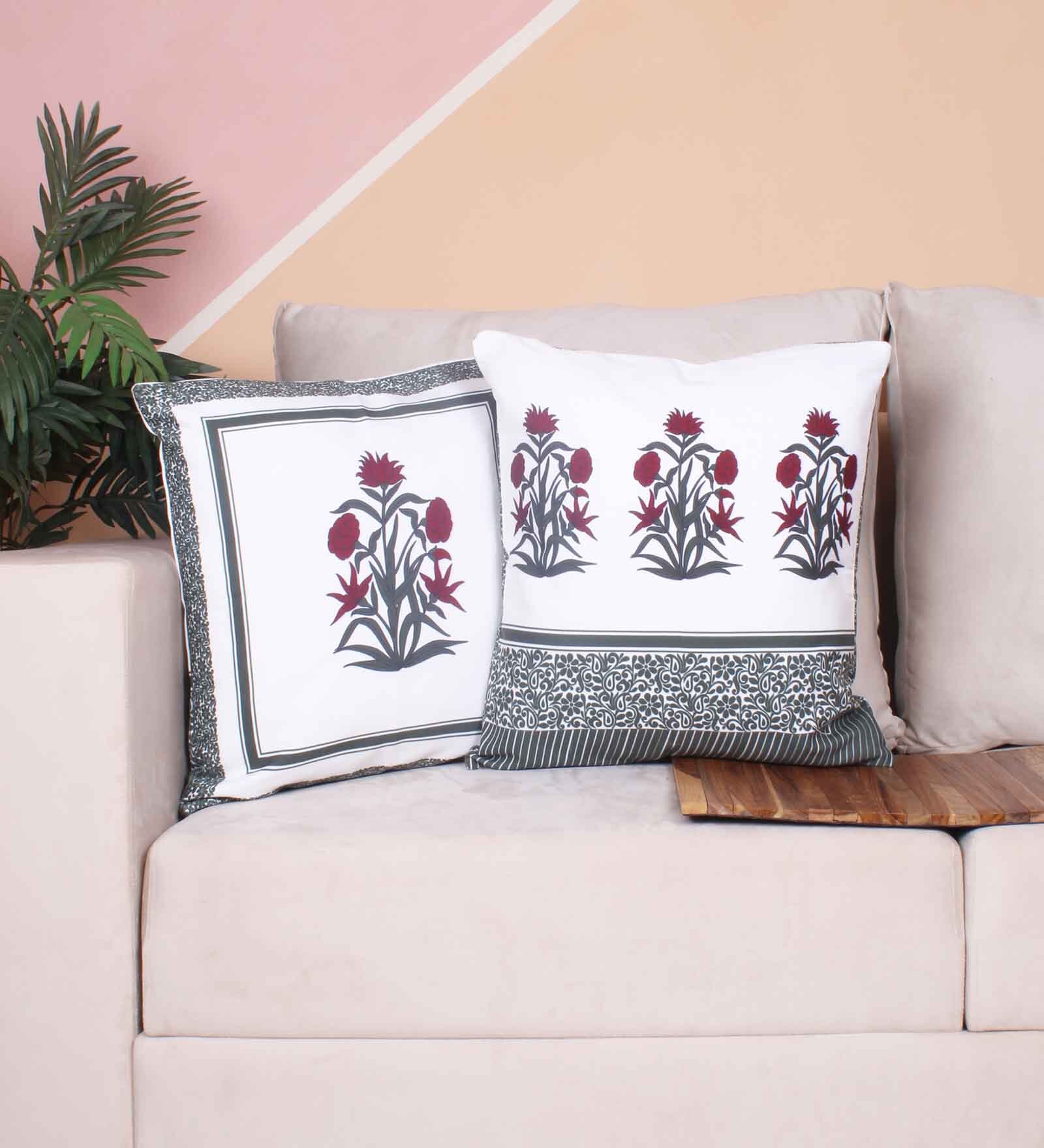 Red Polycotton Floral 24x24 inches Cushion Covers (Pack of 2)