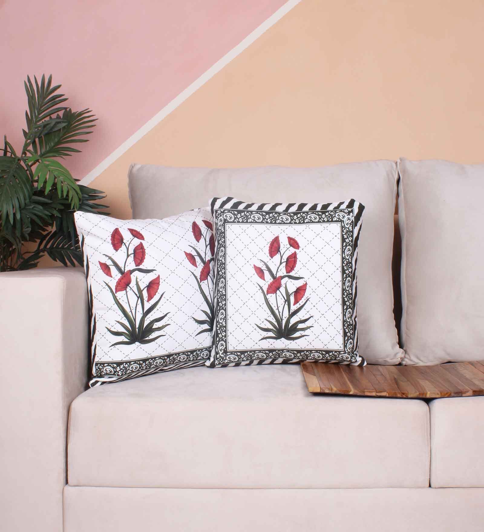 Red Polycotton Floral 24x24 inches Cushion Covers (Pack of 2)