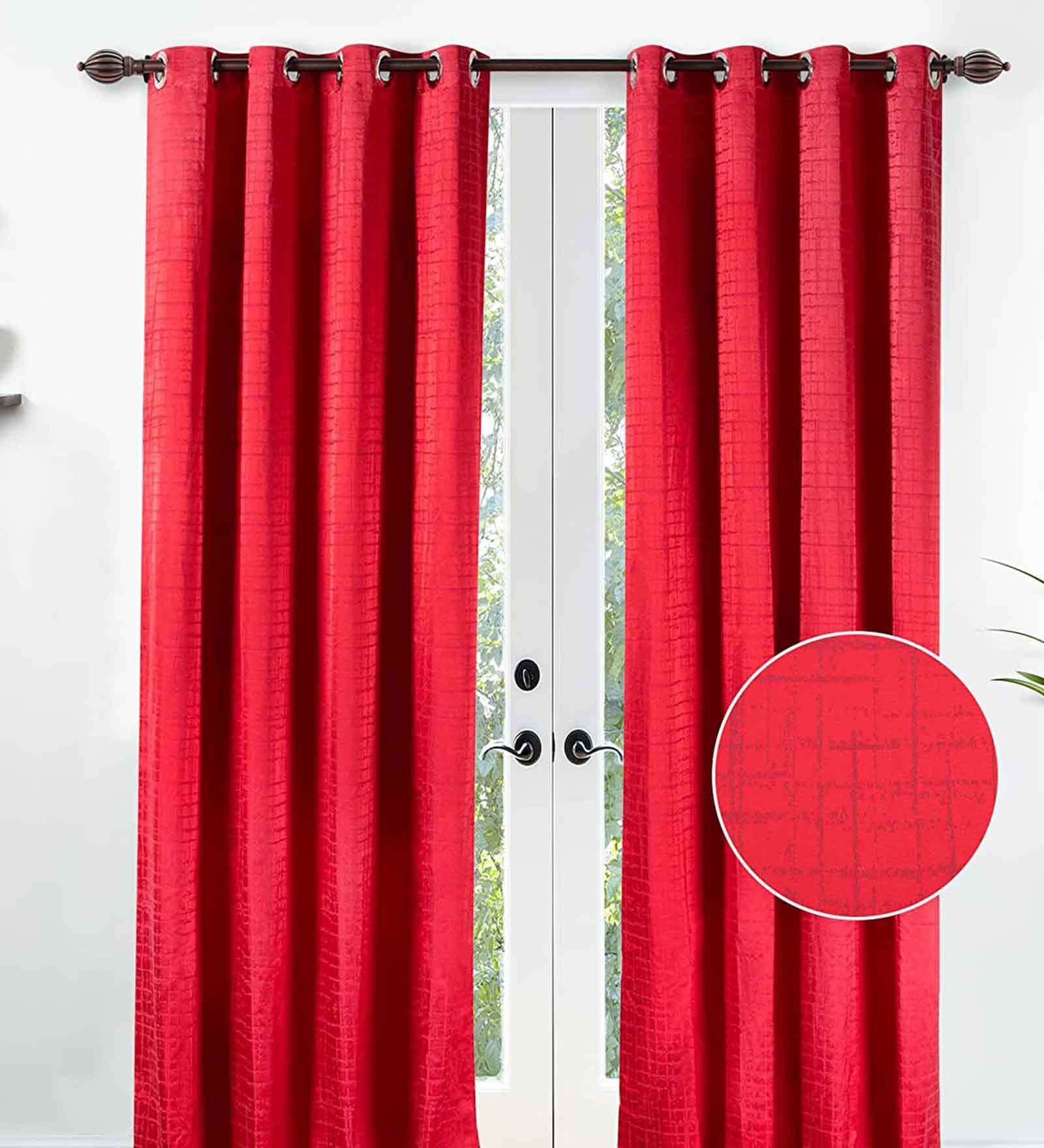 Red Polyester Solid 9 Ft Semisheer Eyelet 2 Door Curtains