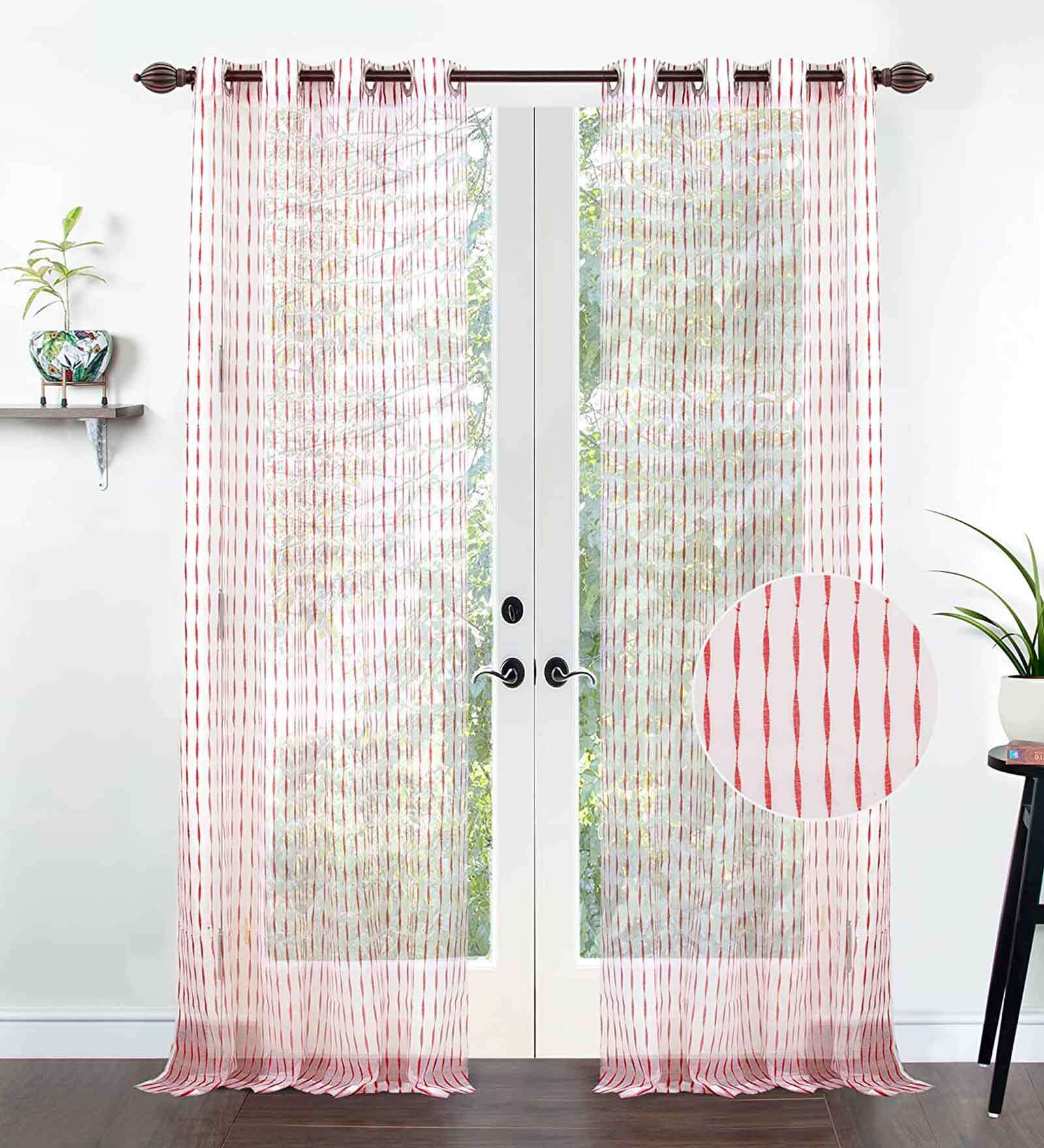 Red Polyester Striped 9 Ft Sheer Eyelet 2 Curtains