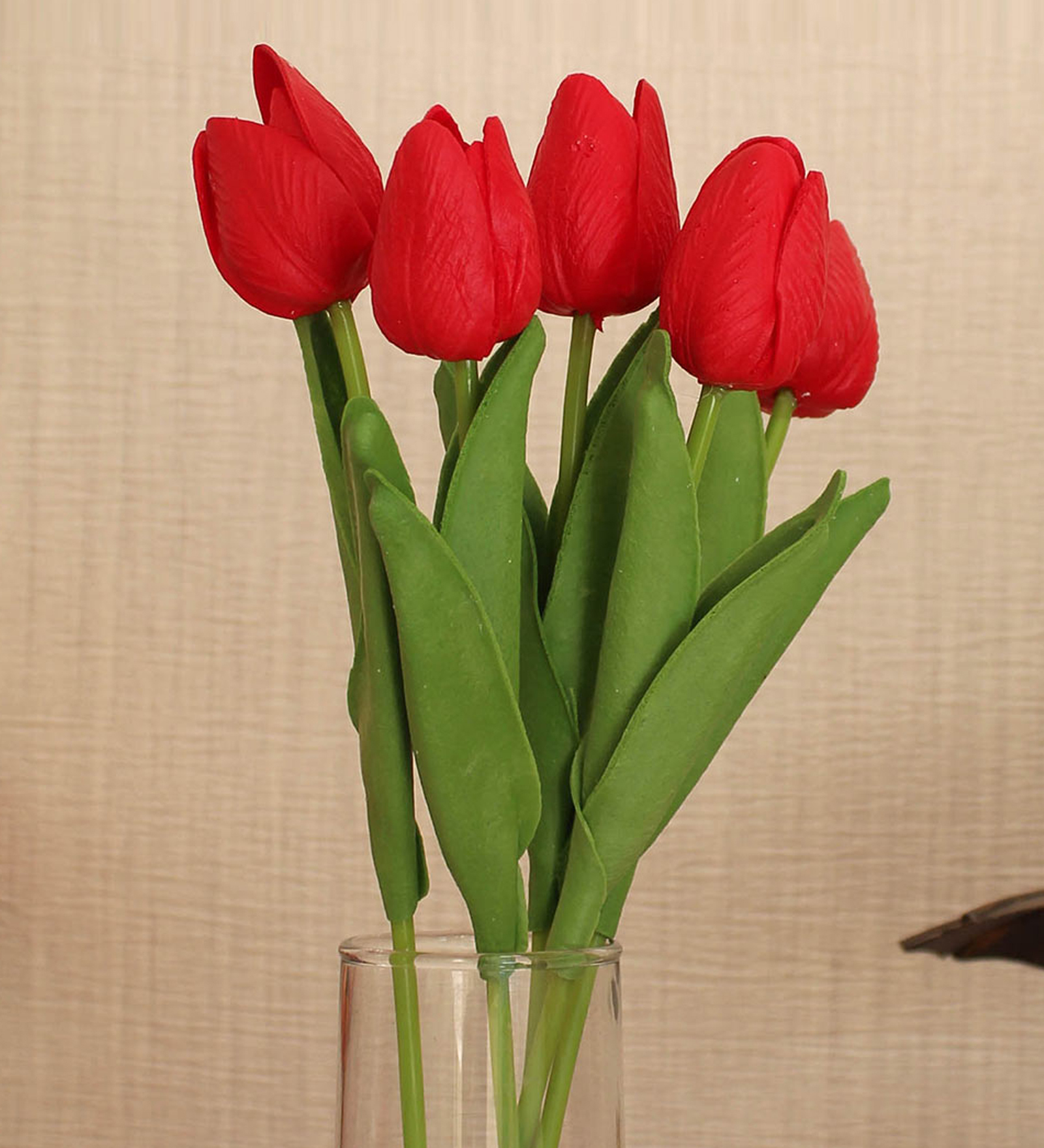 Red Polyester Artificial Tulip Flower, Set of 5 Without Pot