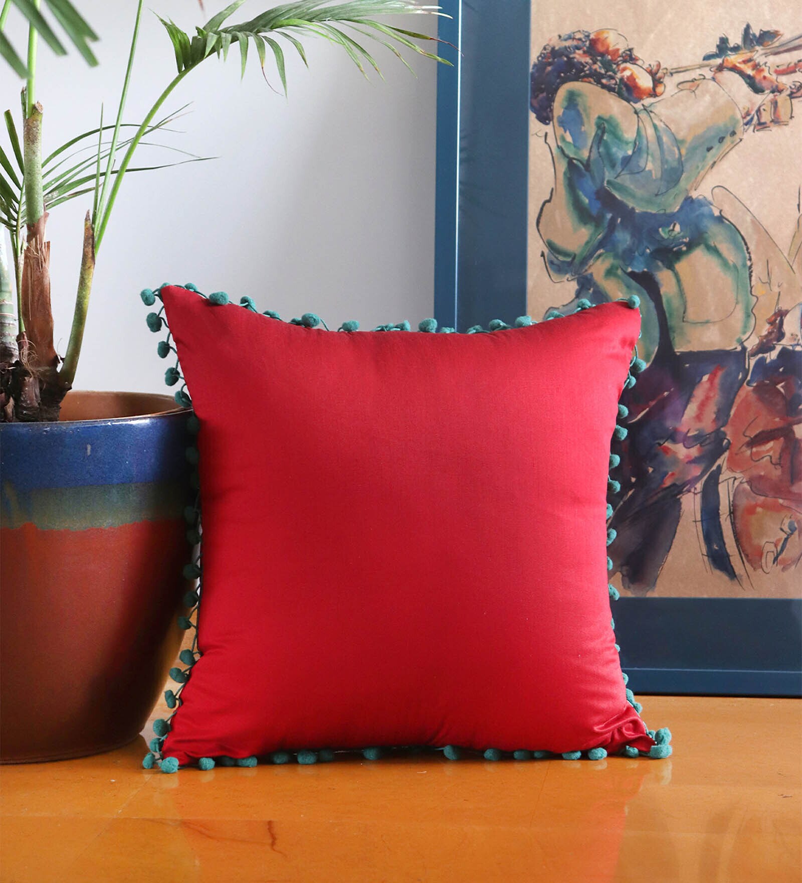 Buy Red Solid Polyester Blend 16 x 16 Inches Cushion Cover by Zeba by