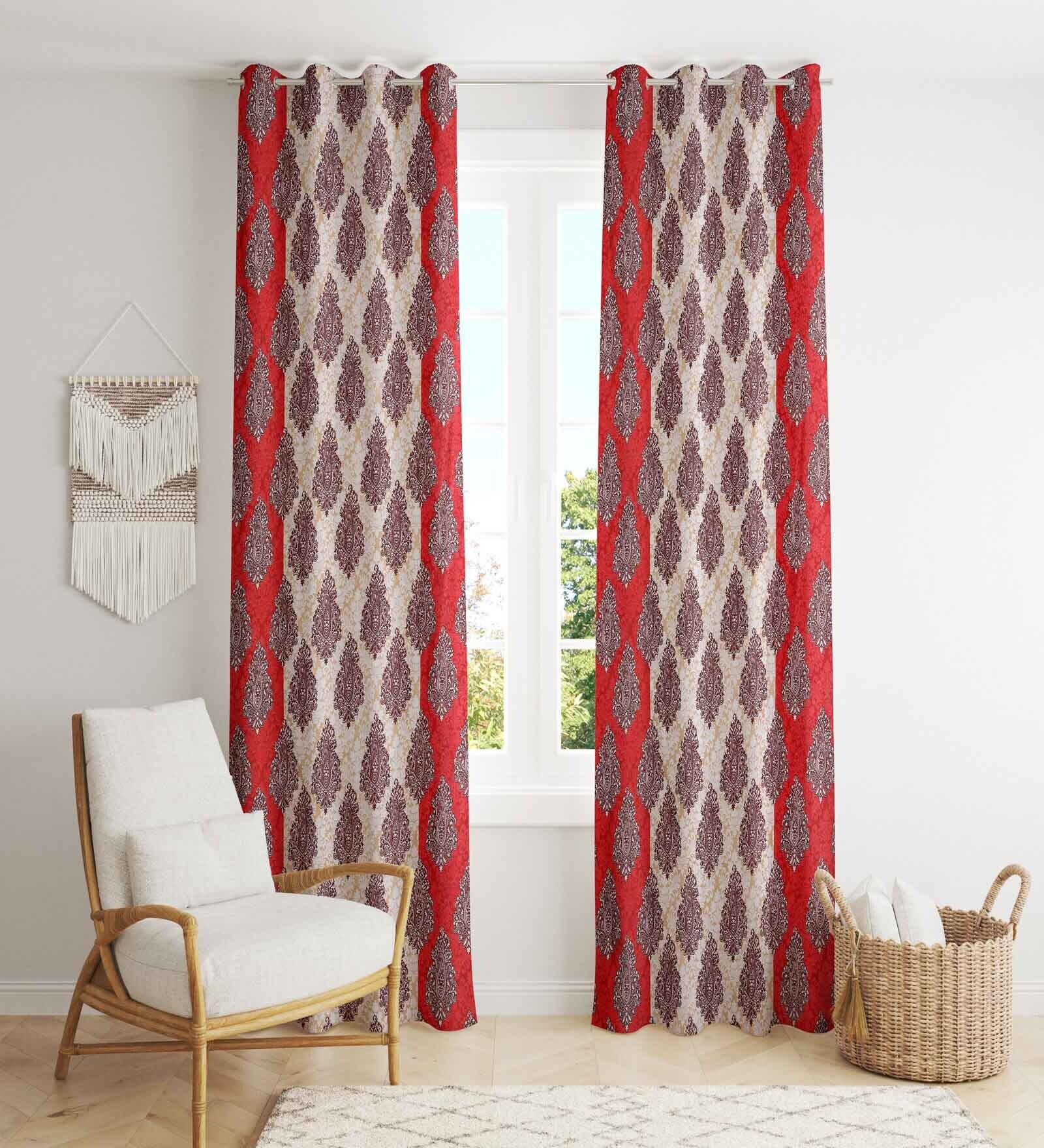 Red Traditional Polyester 7 Ft Semisheer Eyelet Door Curtains (Set of 2)