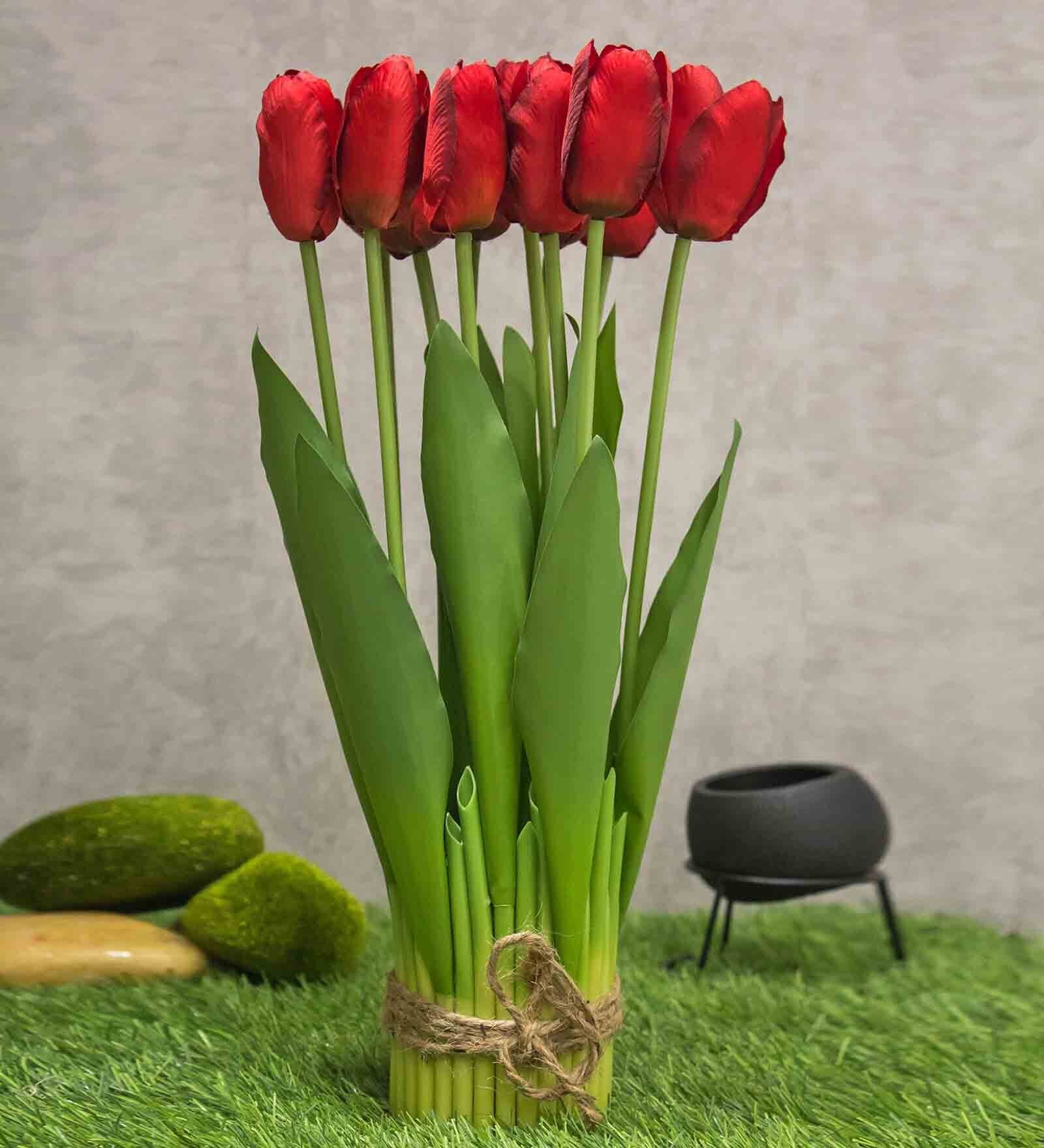 Red Polyester Fabric Artificial Tulip Flower Bunch