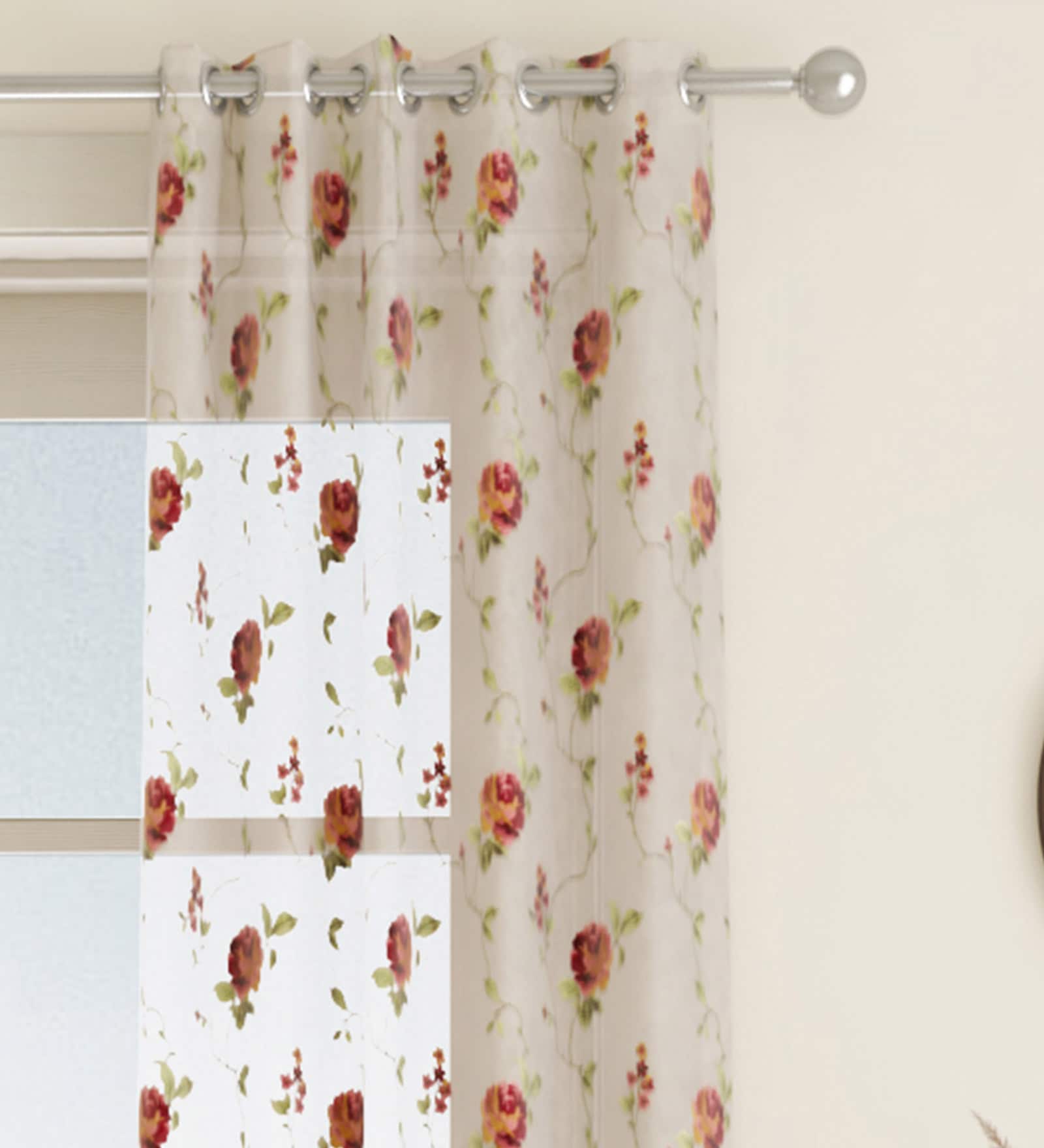 Red Floral Polyester 7 Ft Sheer Eyelet Door Curtain