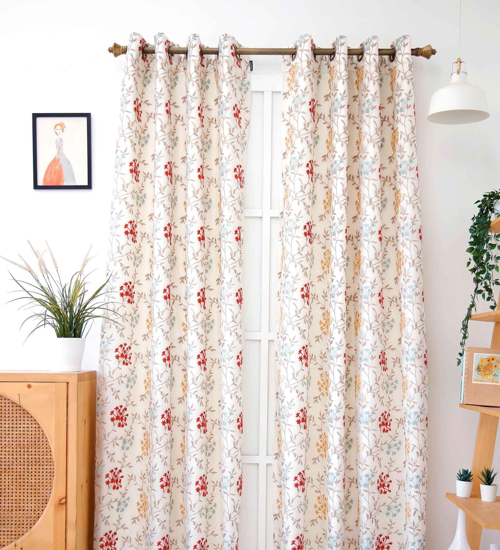 Multicolor Floral Polyester 9 Ft Semisheer Eyelet Door Curtain