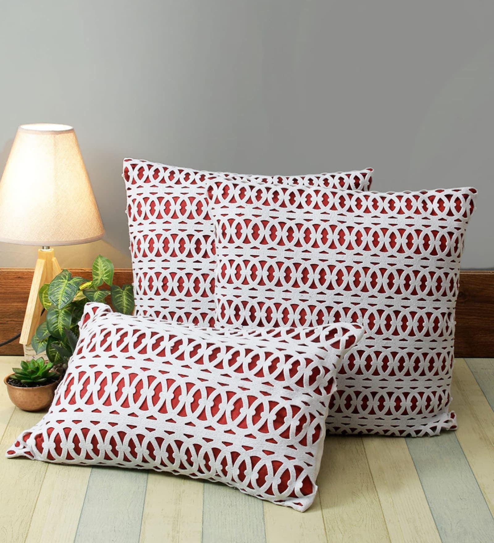 Red Polyester Laser Cut 40x40 inches Cushion Covers Set of 3