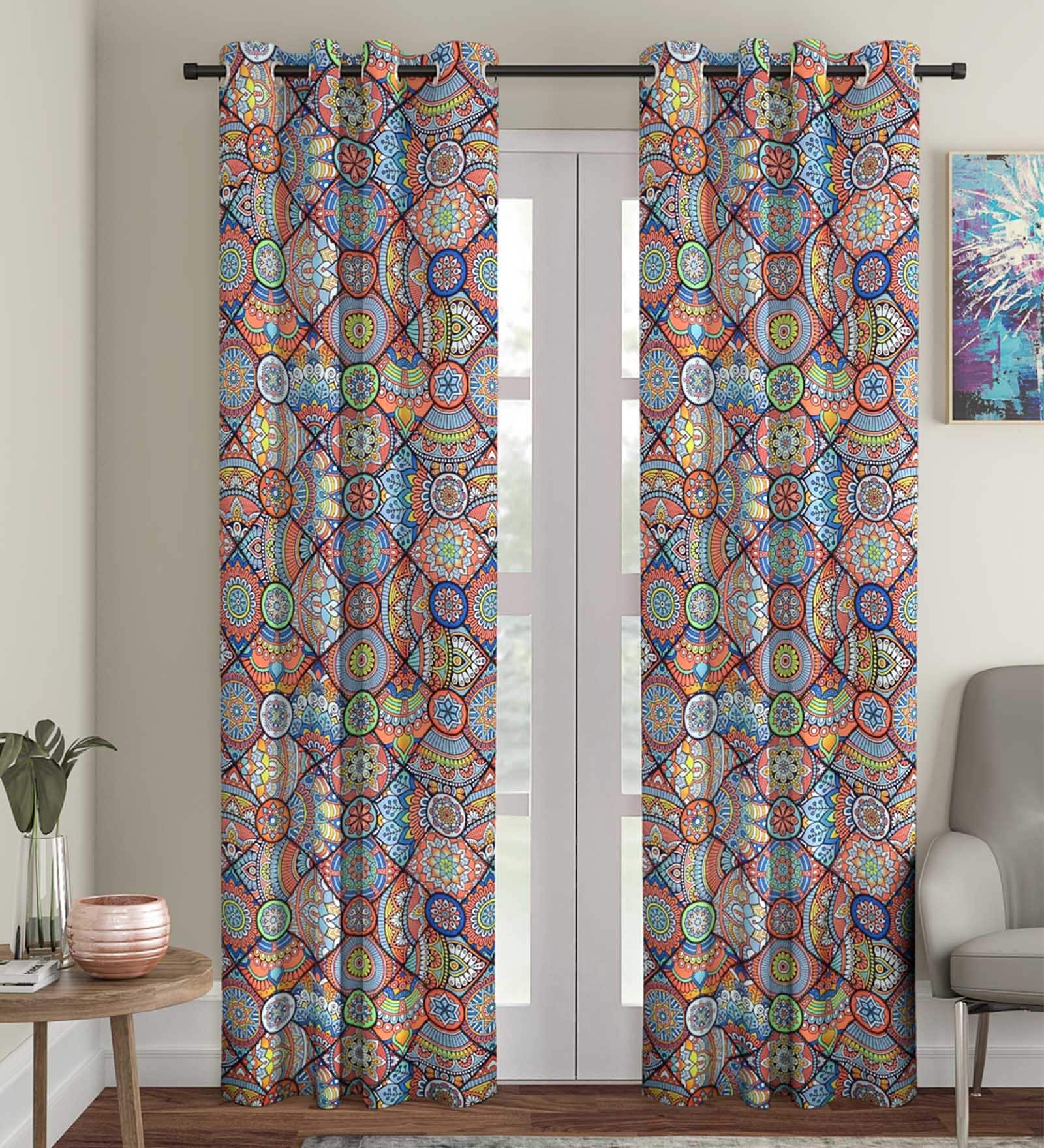 Multicolor Abstract Polyester 9 Ft Semisheer Eyelet Door Curtains (Set of 2)