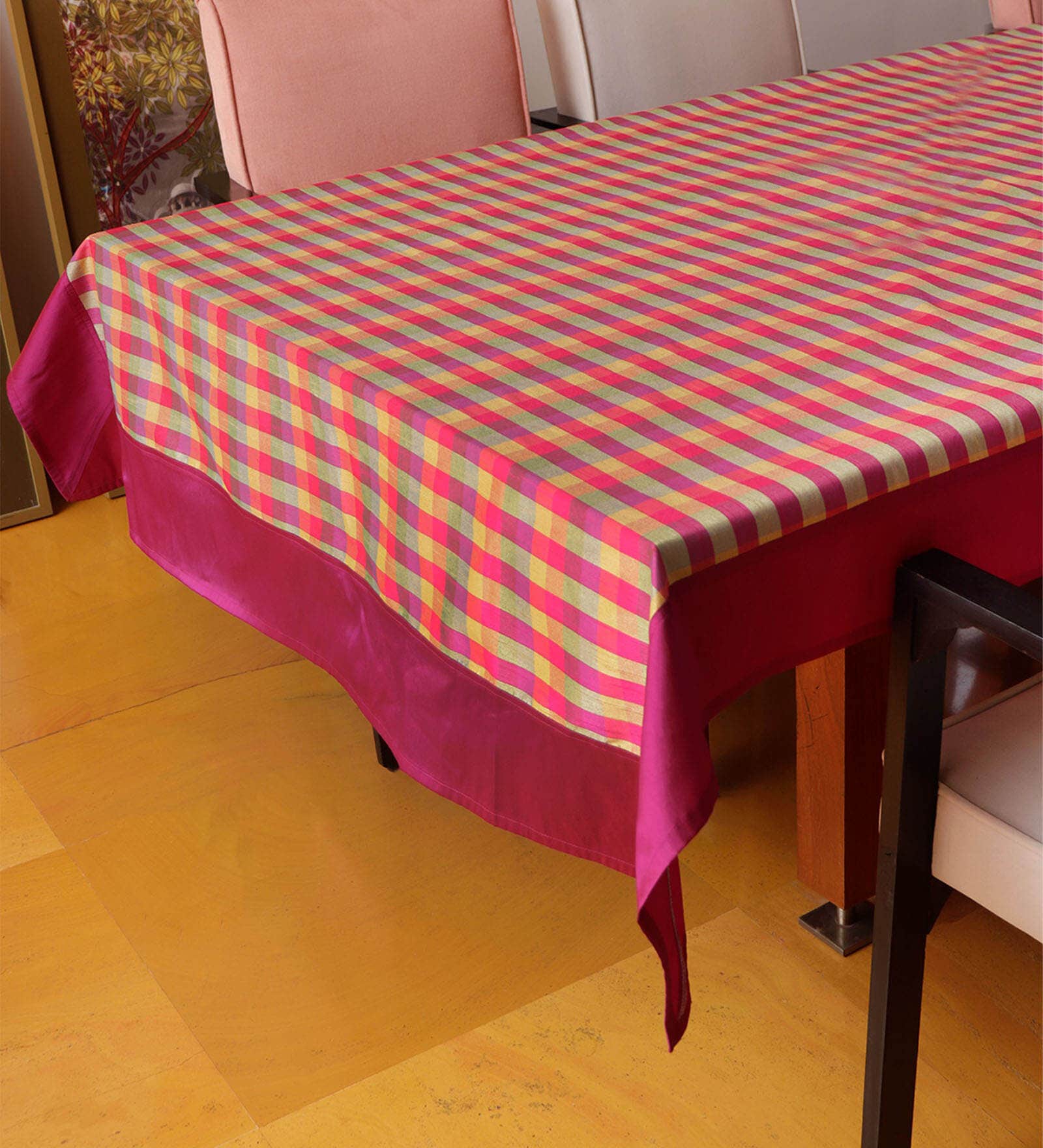 Zeba (84x52) Pink & Yellow Poly Silk Table Cloth