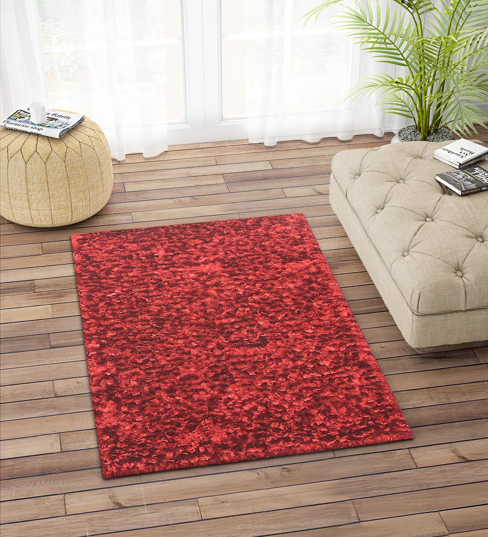 Red Solid Polyester 3 ft x 5 ft Shaggy Carpet