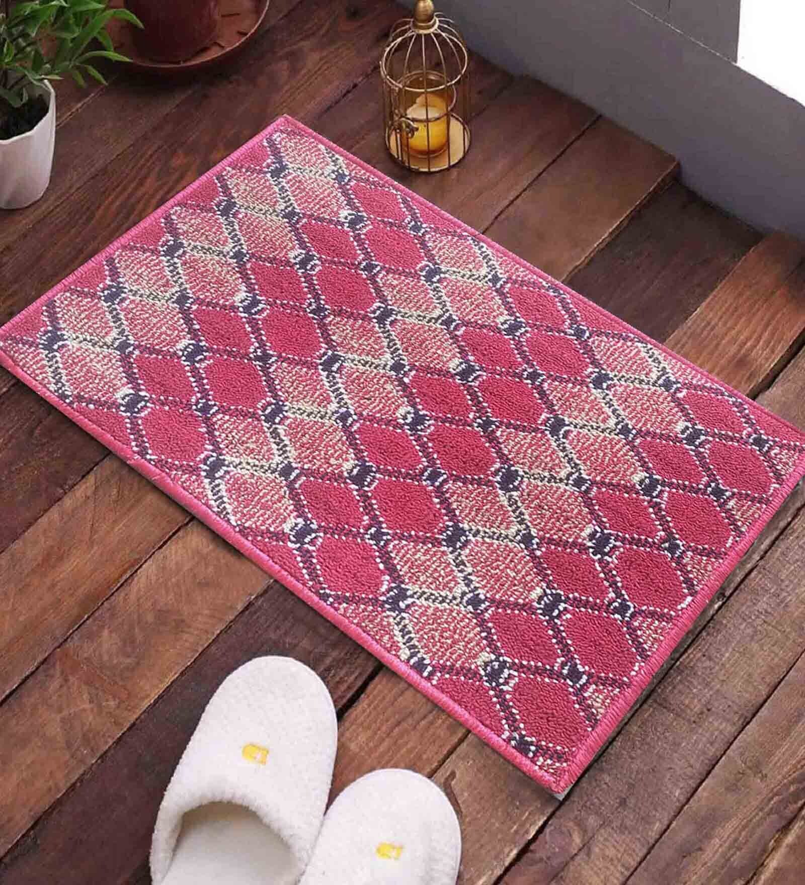 Red Geometric Polyester 58 x 38 Inches Anti Skid Door Mat