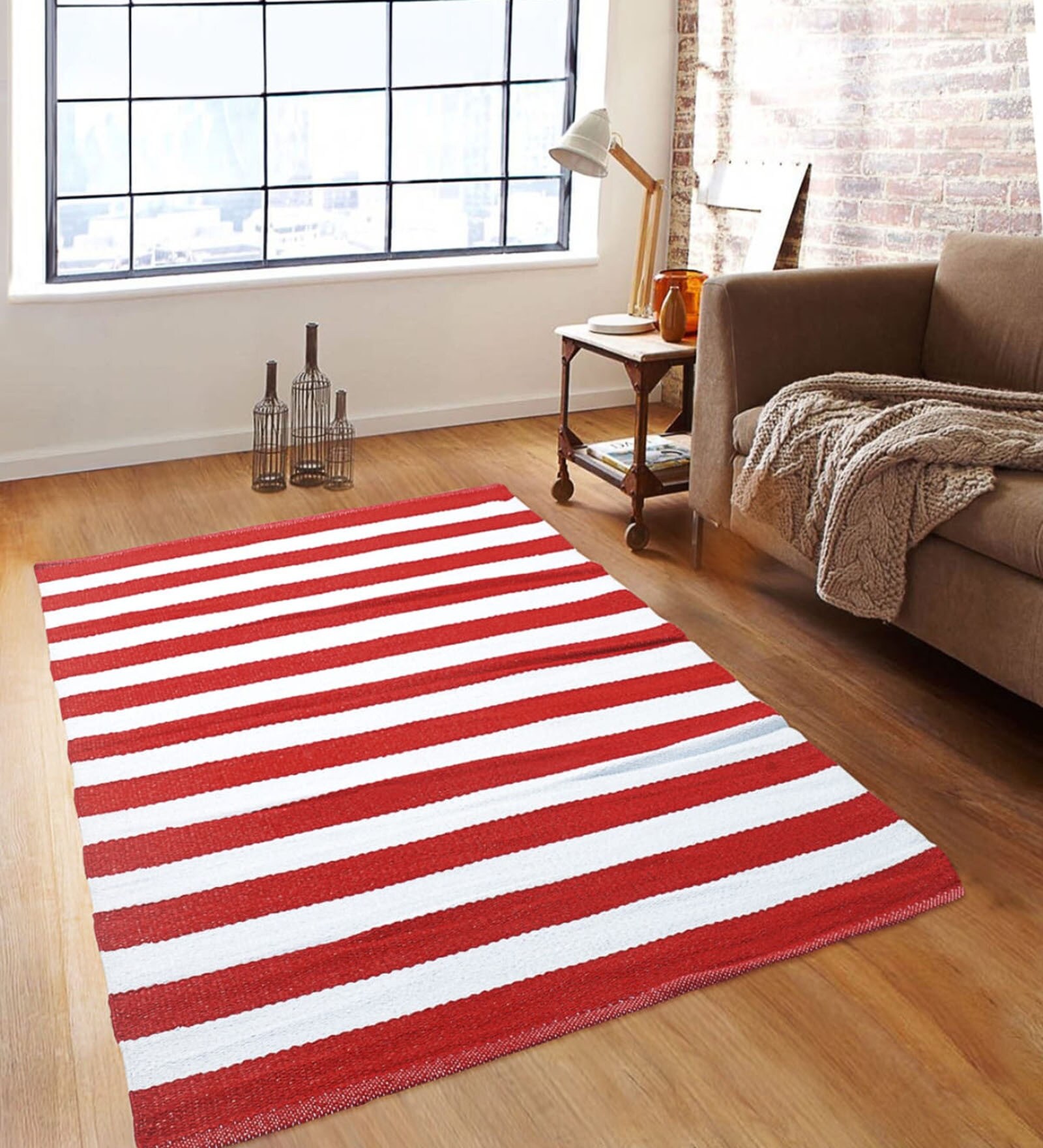 Red Polypropylene Striped 3 x 5 Feet Dhurrie