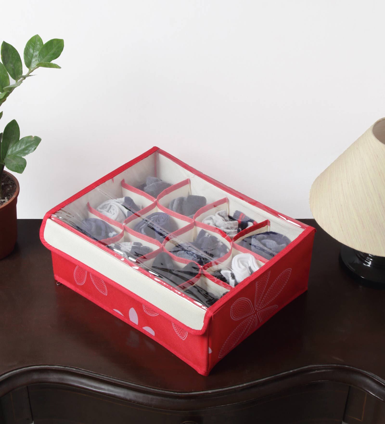 Buy Red Printed Polyester 1 Pc with 12 Foldable Pockets Drawer ...