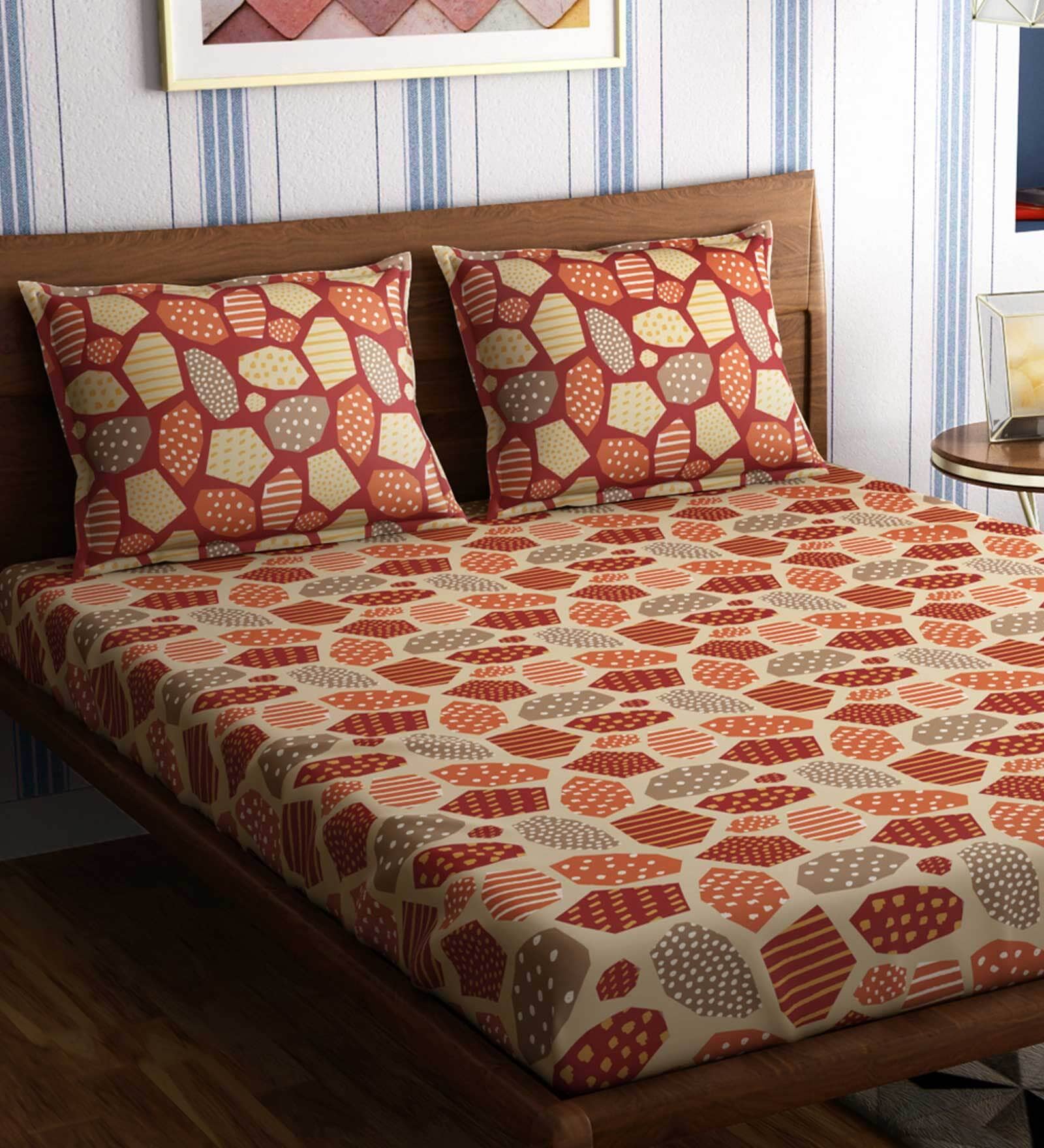 Red Abstract 300 TC 100% Cotton King Sized Bed Sheets with 2 Pillow Covers