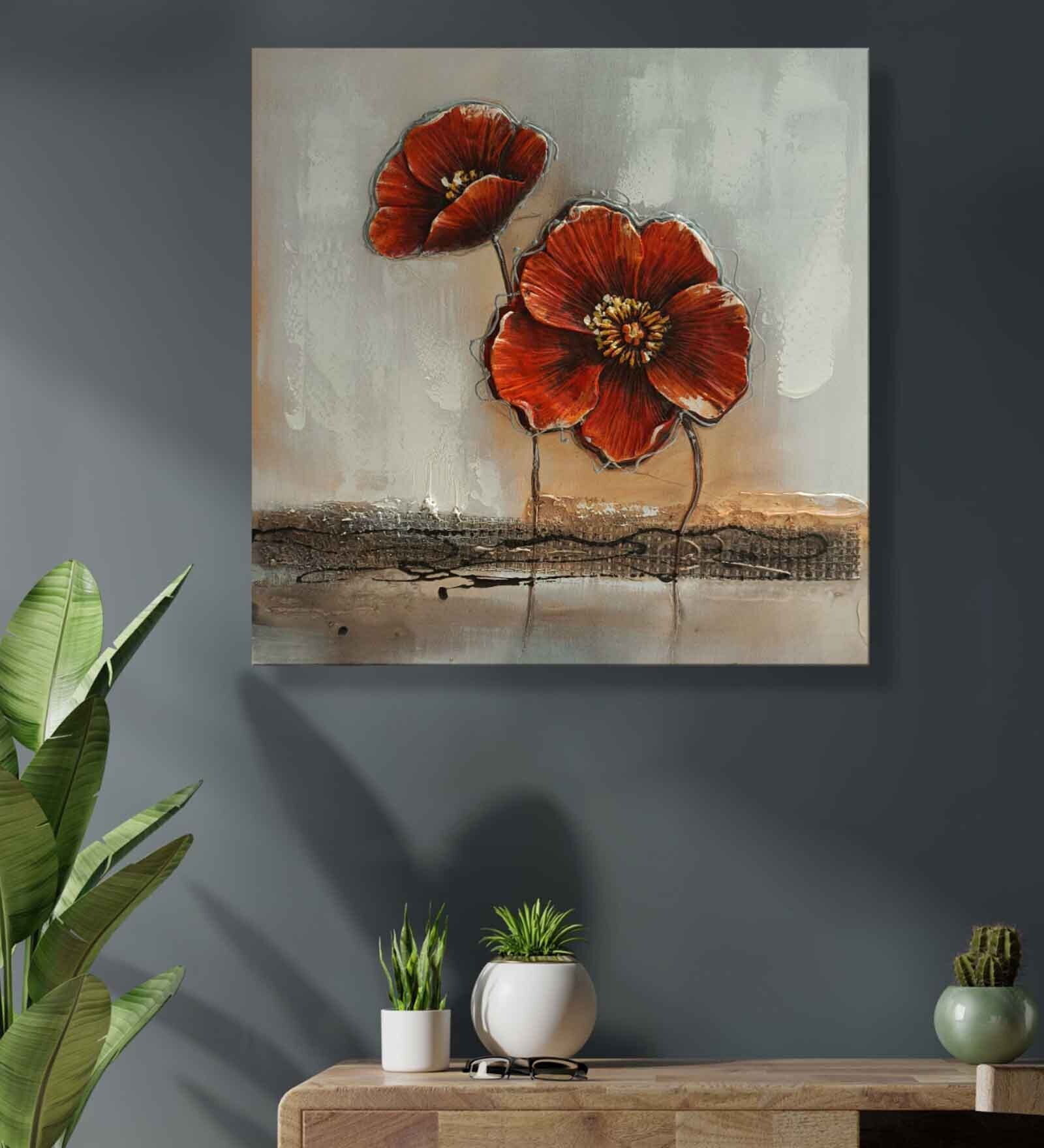 Red Red Floral Wall Embossed Original For Home Decor Painting