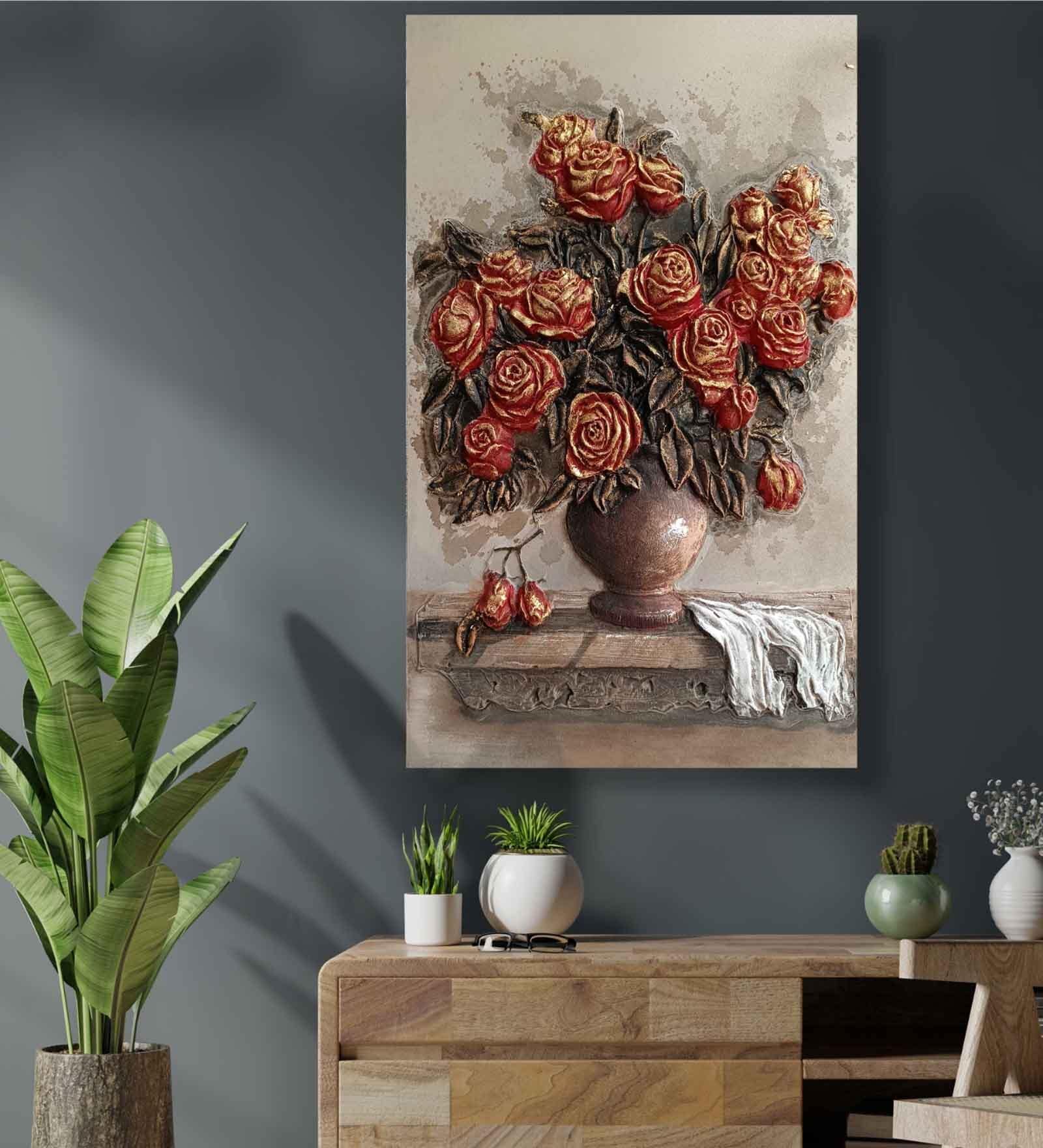 Red Red Gold Floral Bouquet Wall Embossed Original For Home Decor Painting