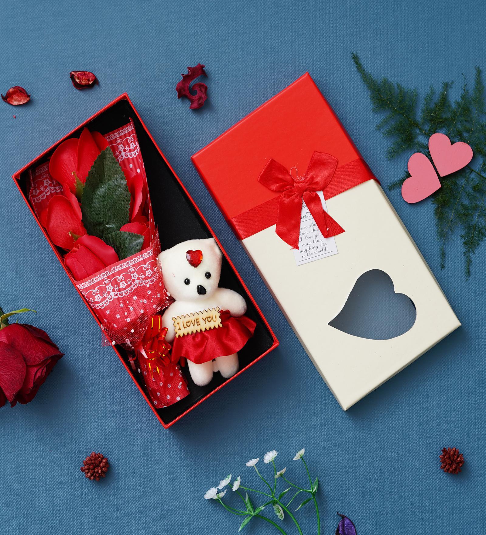 Red Roses Bouquet And White & Red Teddy Bear 's Rectangle Shaped Gift Box