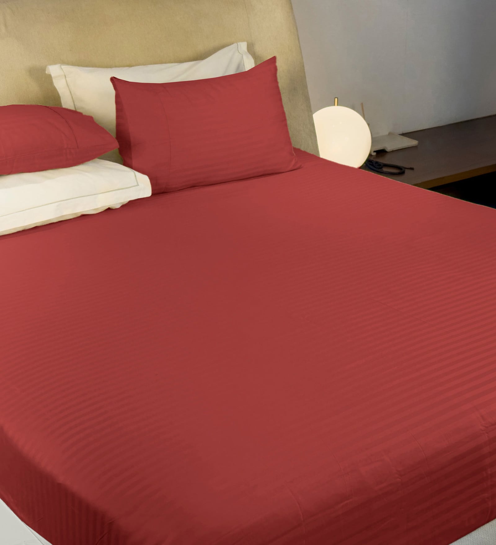 Red Satin Striped 210 TC Pure Cotton King Sized Bedsheet with 2 Pillow Covers