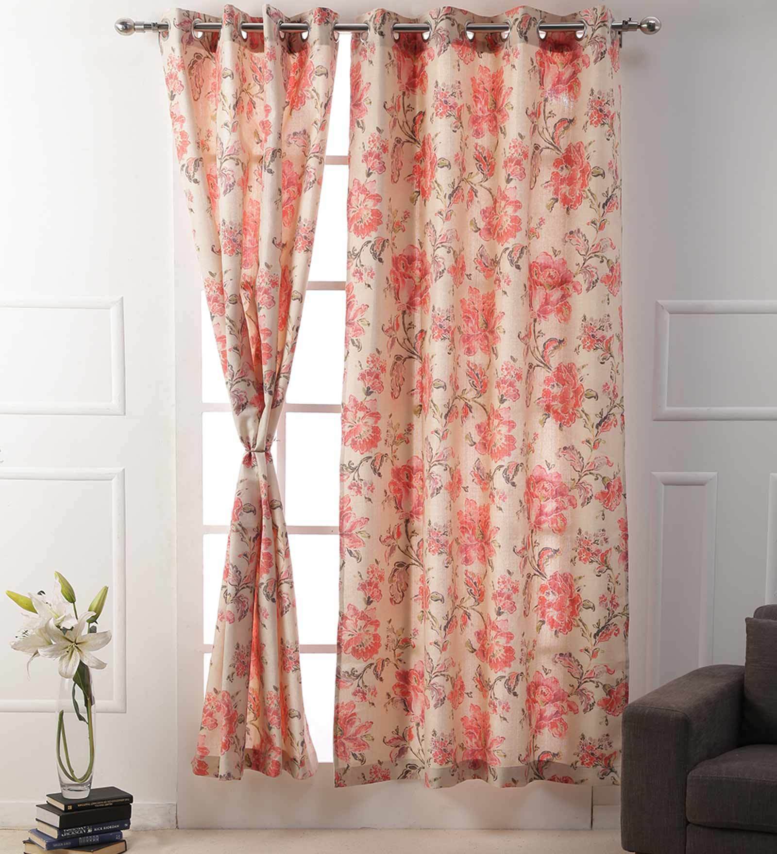Red Jute Floral 9ft Light Filtering Eyelet 1 Pc Door Curtain