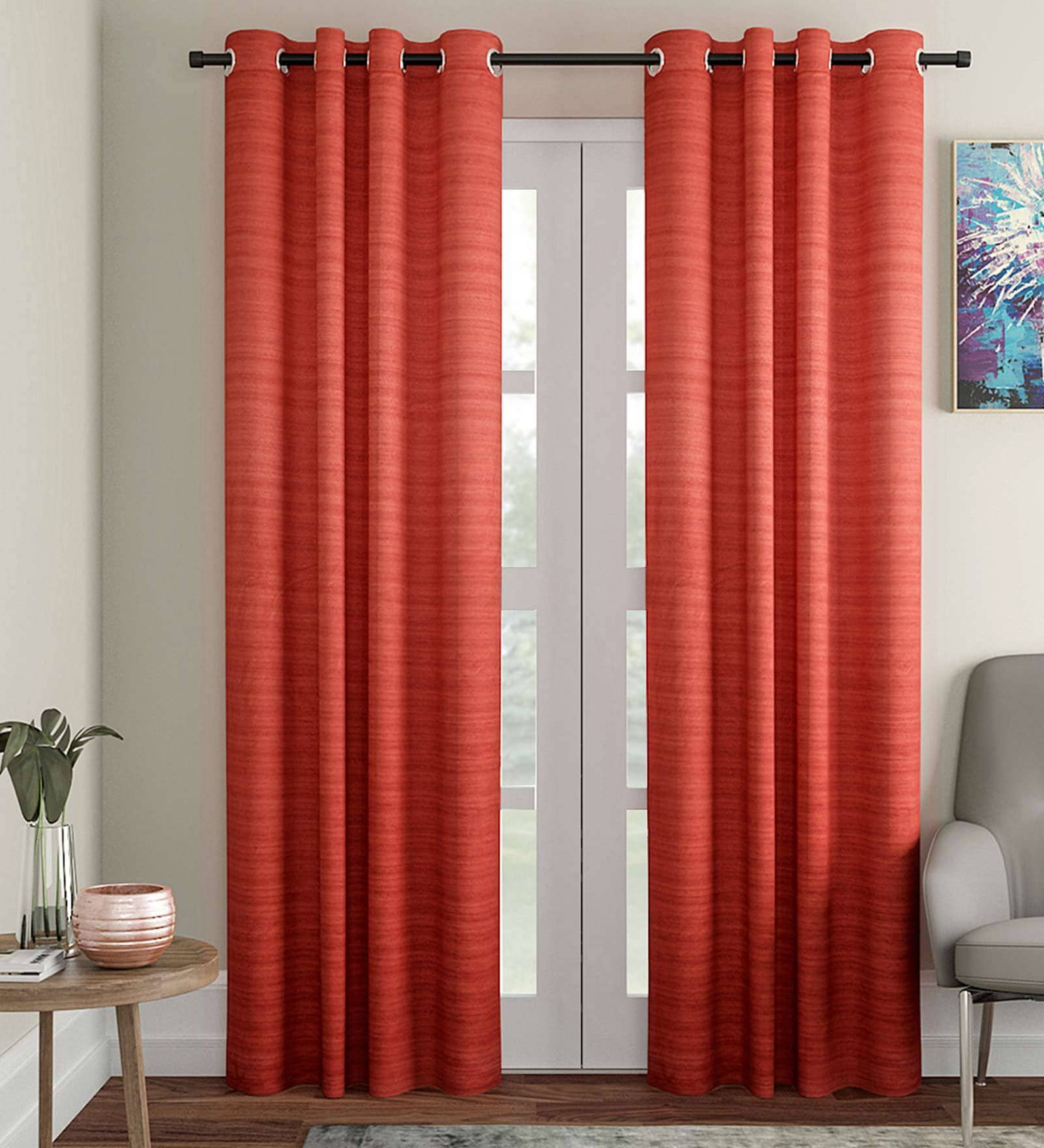 Red Silk Striped 7ft Light Filtering Eyelet 1 Pc Door Curtain