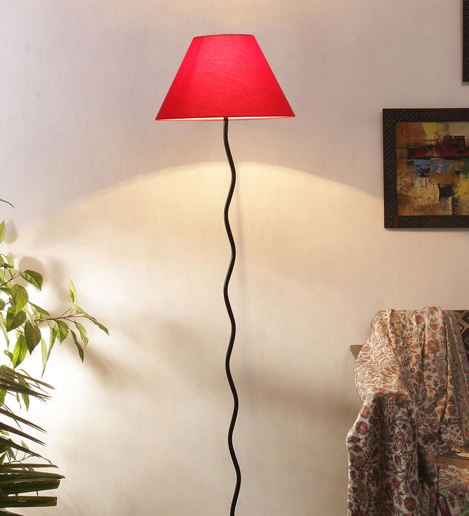 Bunsen Red Cottan Fabric Shade Club Floor Lamp With Iron Base