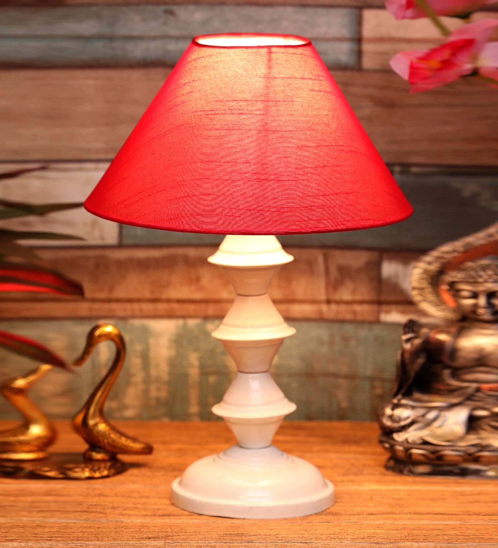 Red Shade Table Lamp With Metal Base