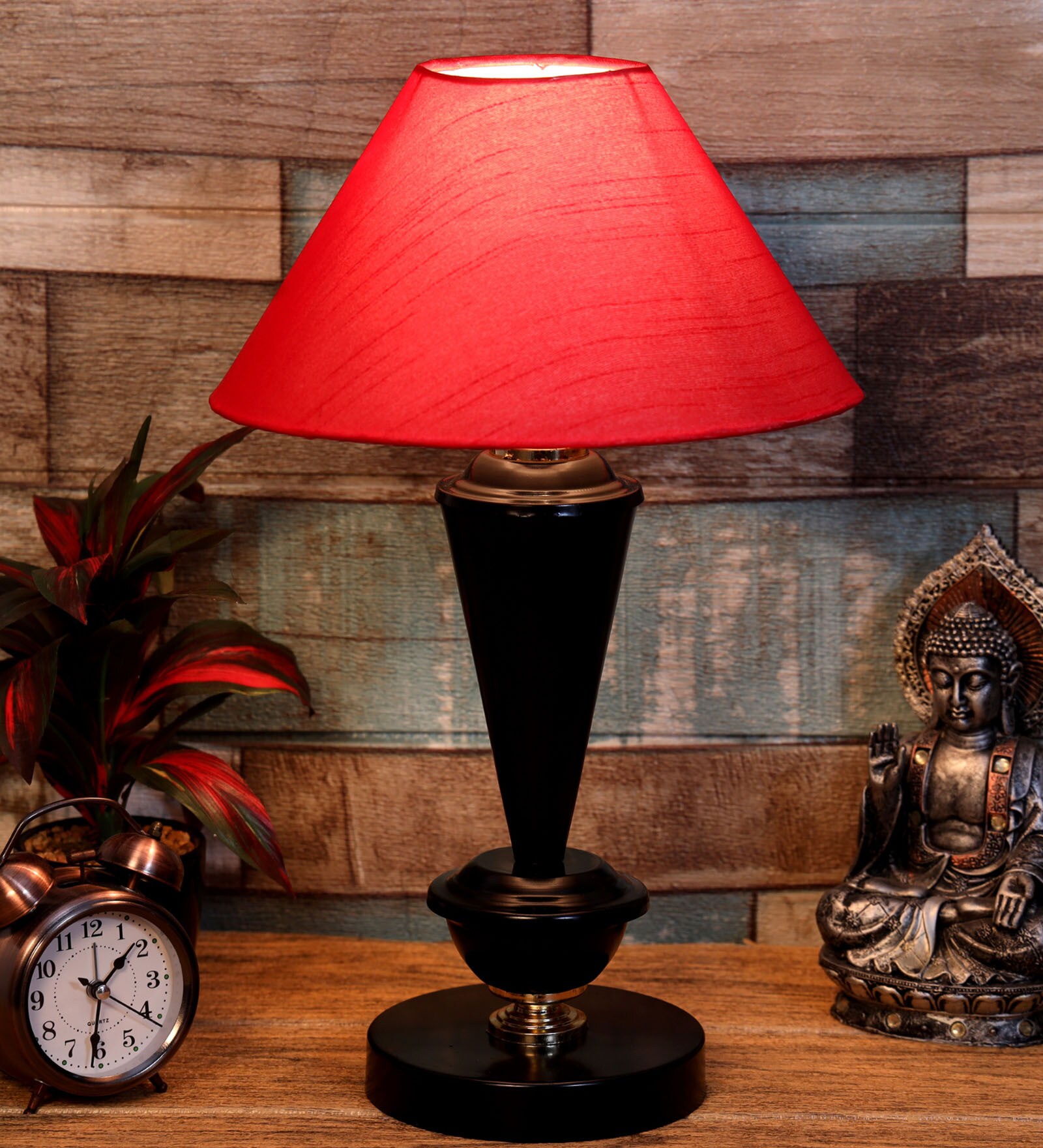 Red Shade Table Lamp With Metal Base