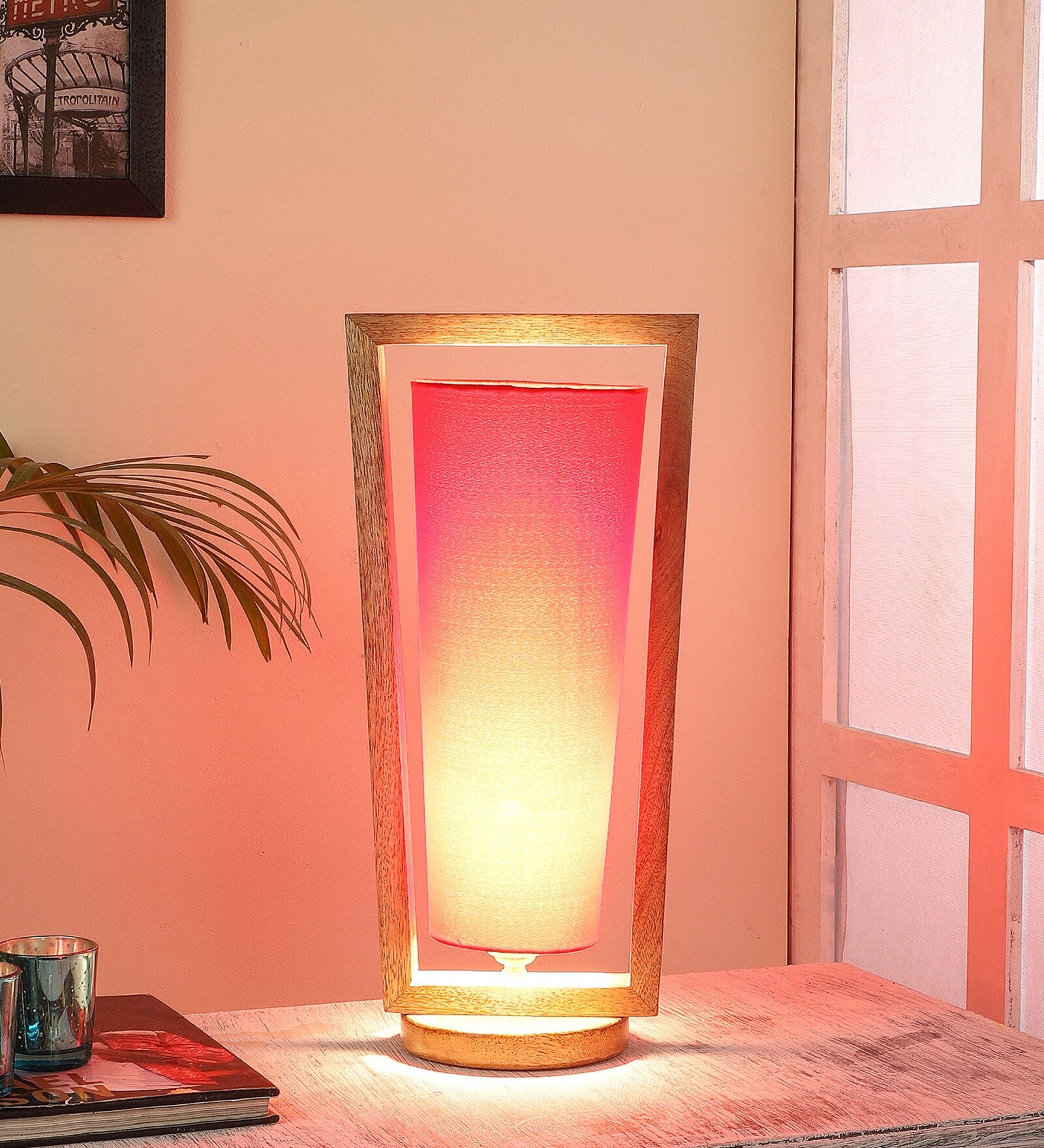 Genoa Red Cotton and Acrylic Shade Table Lamp With Mango wood Base