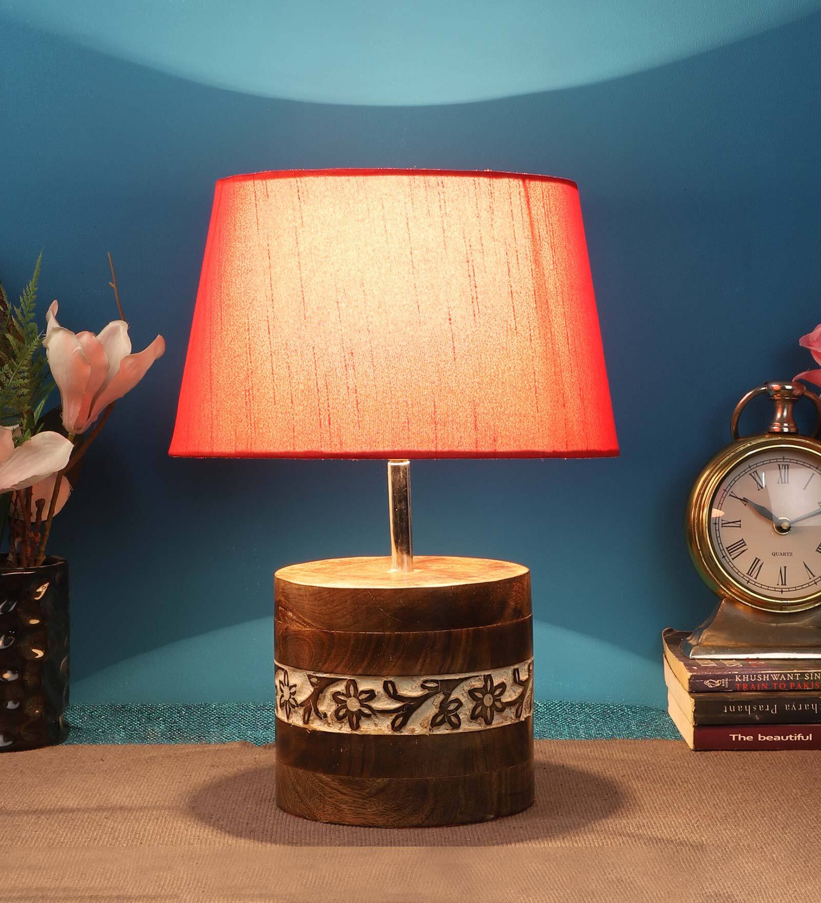 Red Shade Table Lamp With Brown & Off White Wood Base