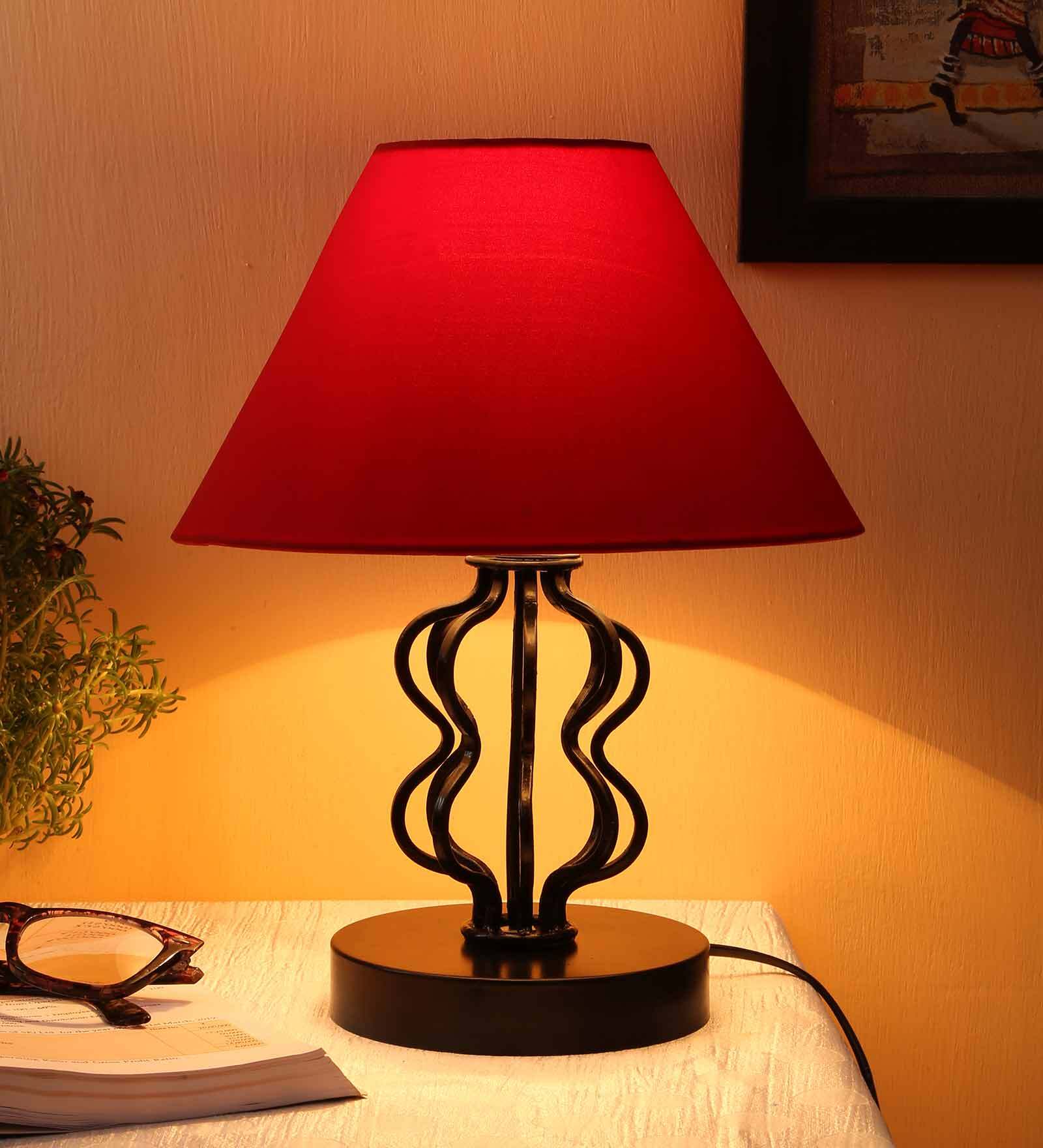 Red Shade Table Lamp With Iron Base
