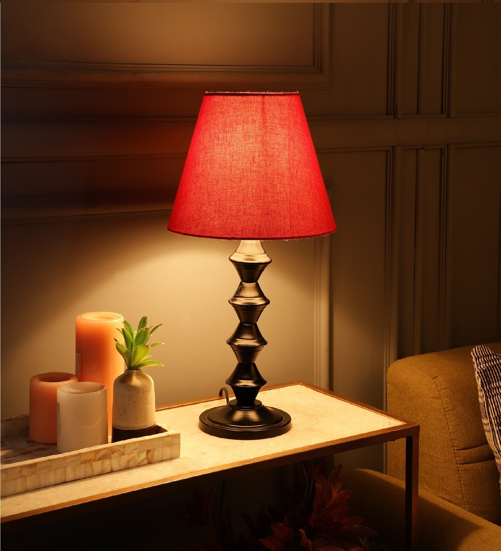Elona Red Fabric Shade Night Lamp With Metal Base
