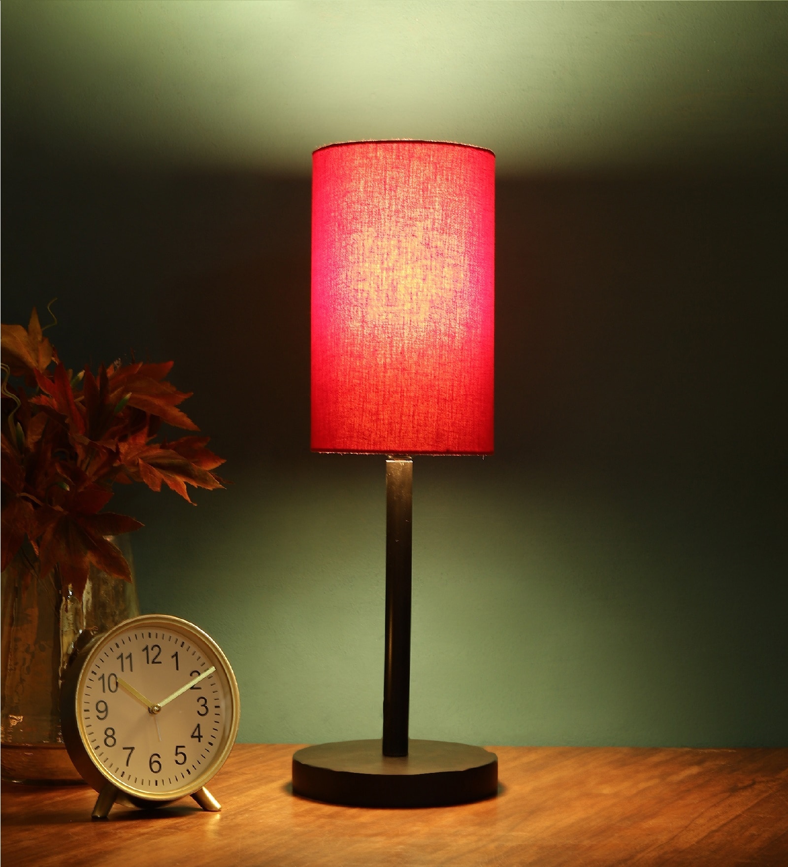 Damsel Red Fabric Shade Night Lamp With Metal Base