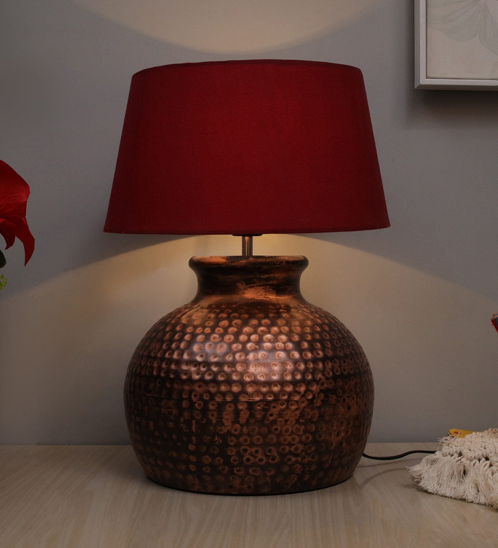 Red Shade Table Lamp With Metal Base