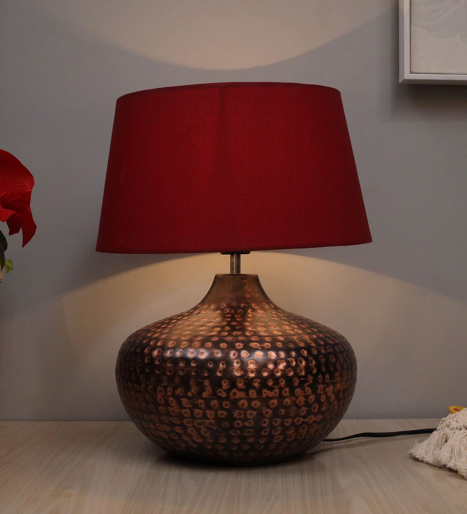 Red Shade Table Lamp With Metal Base